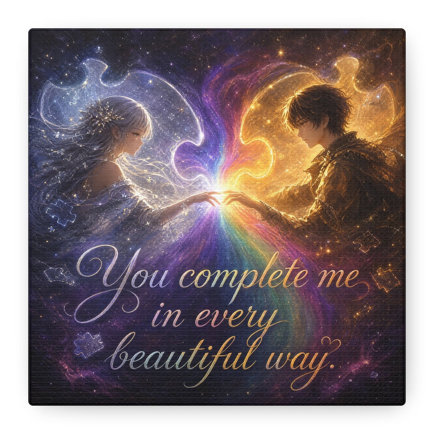 "You Complete Me In Every Beautiful Way" Romantic Couple Canvas Wall Art - Celestial Puzzle Soulmate Quote Print, Fantasy Love Decor - Bedroom Wall Hanging - Ready to Hang - Bedroom Home Decoration