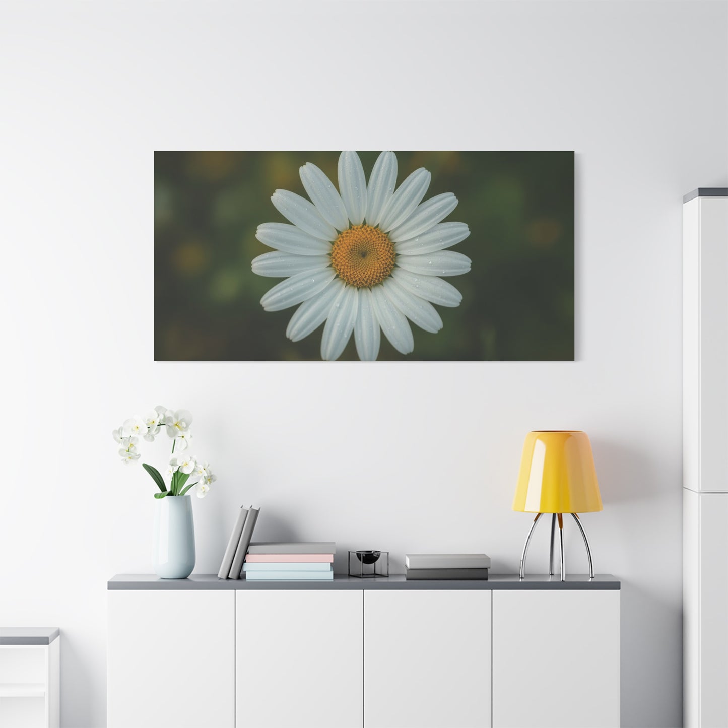 White Daisy Canvas Wall Art - Botanical Flower Close Up Art Print, Soft Green Background - Matte Cotton Art Print, Minimalist Floral Style - Bedroom Wall Decor Office Accent - Modern Farmhouse Style