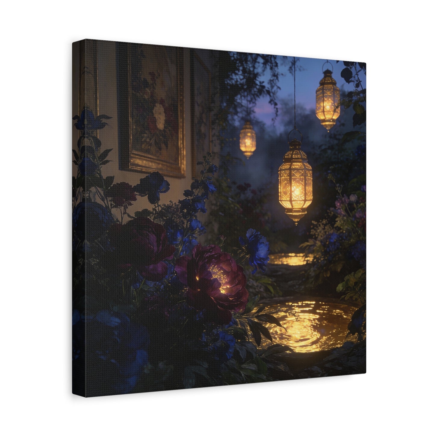 Lantern Garden Canvas Wall Art - Twilight Floral Courtyard, Glowing Water Reflections - Moody Botanical Night Scene, Matte Canvas Print - Bedroom Wall Decor, Living Room Accent - Cozy Reading Nook Art