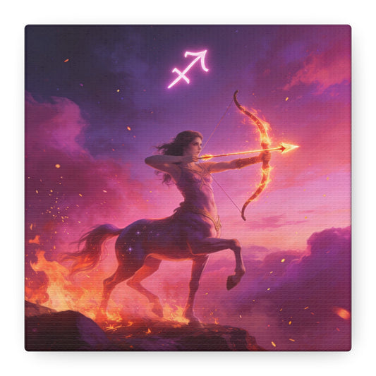 Sagittarius Centaur Archer Canvas Wall Art - Zodiac Fantasy Fire Bow Illustration - Purple Pink Matte Canvas Print - Bedroom Home Decoration, Living Room Wall Decor, Celestial Decor - Ready to Hang