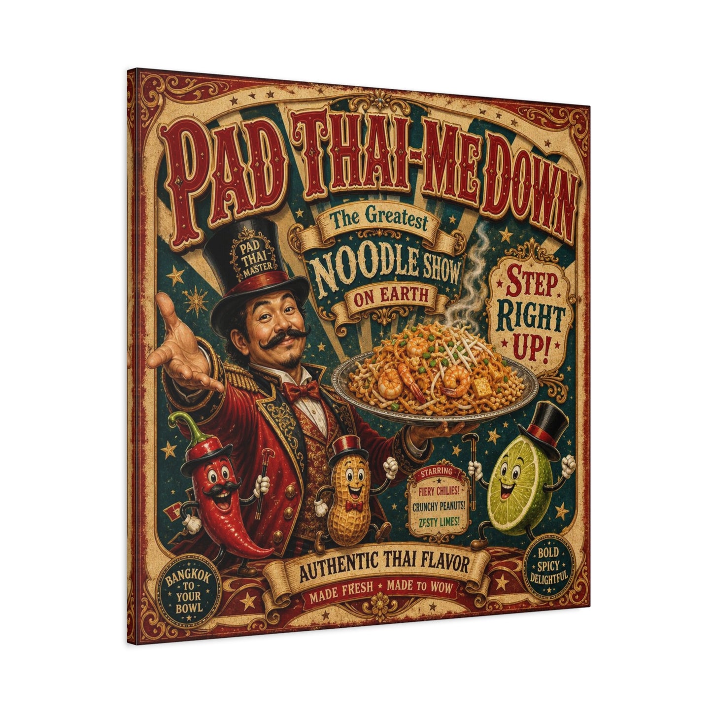 "Pad Thai-Me Down" Canvas Wall Art - Vintage Circus Noodle Poster, Typography Illustration, Whimsical Restaurant Decor, Cafe Wall Decor, Retro Kitchen Accent, Matte Canvas Print - Ready to Hang