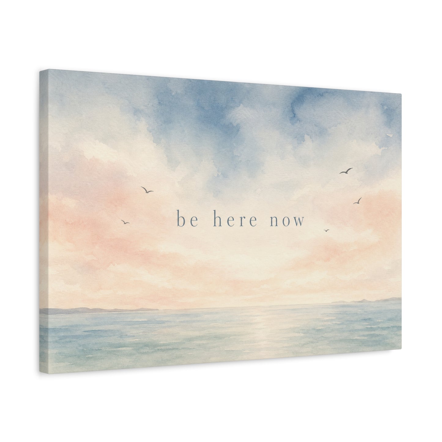 "Be Here Now" Coastal Canvas Wall Art - Pastel Ocean Seascape With Birds - Minimalist Inspirational Wall Decor - Serene Bedroom Home Decoration - Meditation Space Office Art - Bedroom Home Decoration