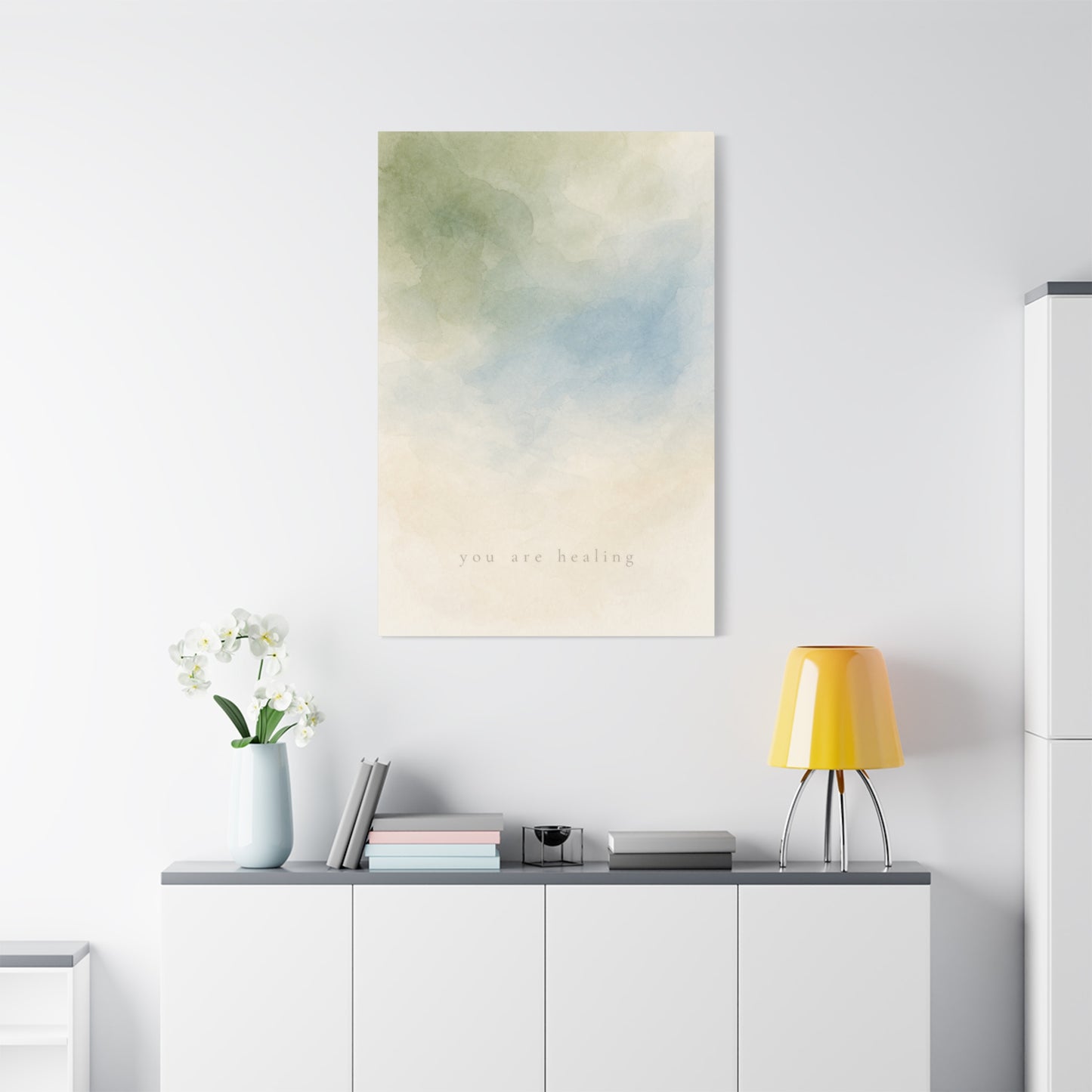 "You Are calming" Abstract Canvas Wall Art - Soft Blue Green Watercolor Quote Print - Minimalist Calm Style - Bedroom Wall Decor, Meditation Space, Living Room Home Decoration - Modern Farmhouse Style