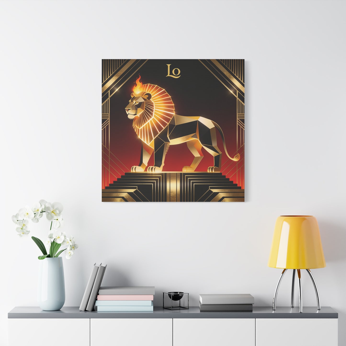 "Lo" Geometric Lion Canvas Wall Decor - Art Deco Gold Black Red Animal Print - Flaming Mane Illustration, Modern Luxe Interior Accent, Living Room Home Decoration - Living Room Wall Decor