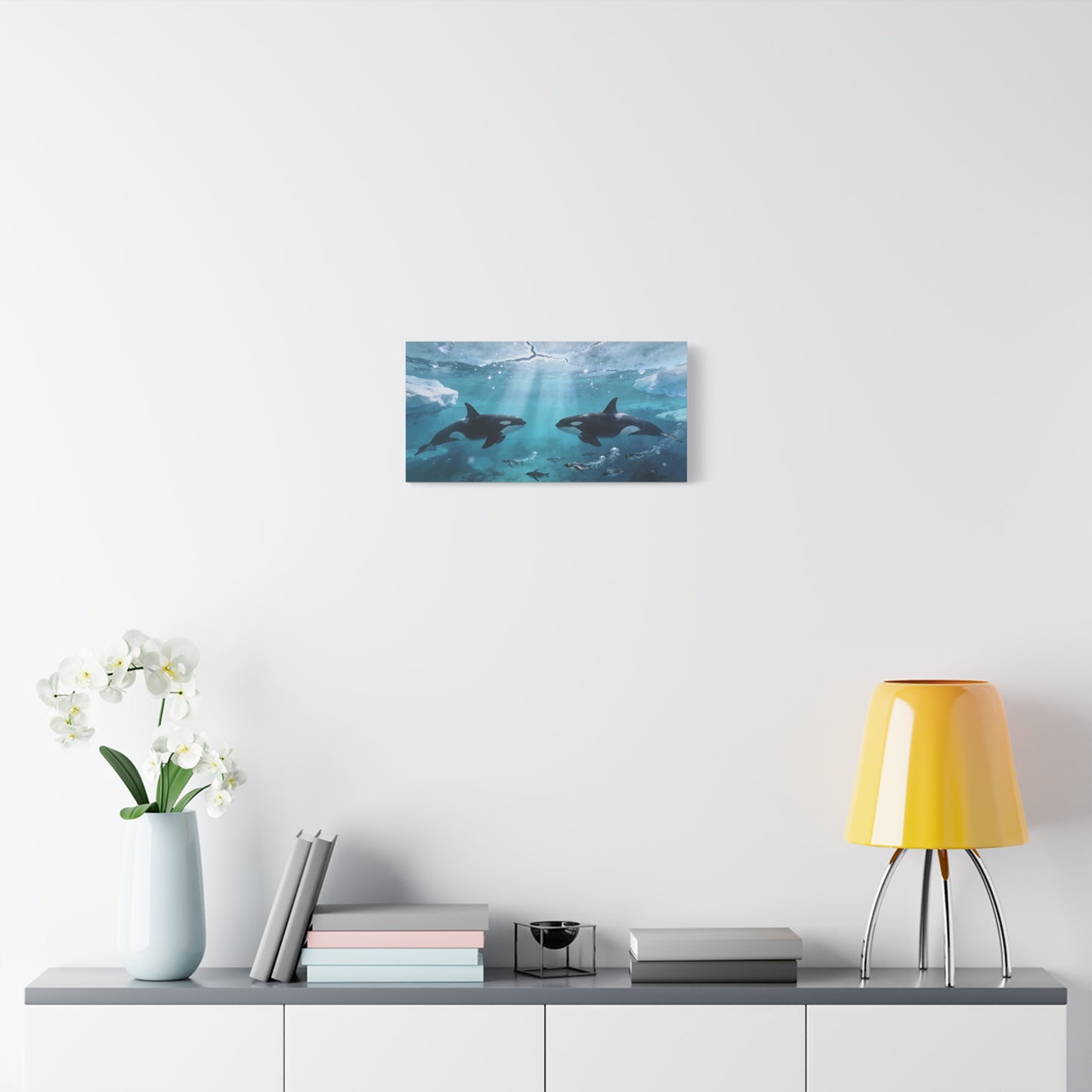 Orca Whale Canvas Wall Art - Arctic Ocean Underwater Scene, Penguins, Sea Ice - Coastal Wildlife Decor - Matte Canvas Print - Living Room Wall Decor, Bedroom Home Decoration - Bedroom Home Decoration