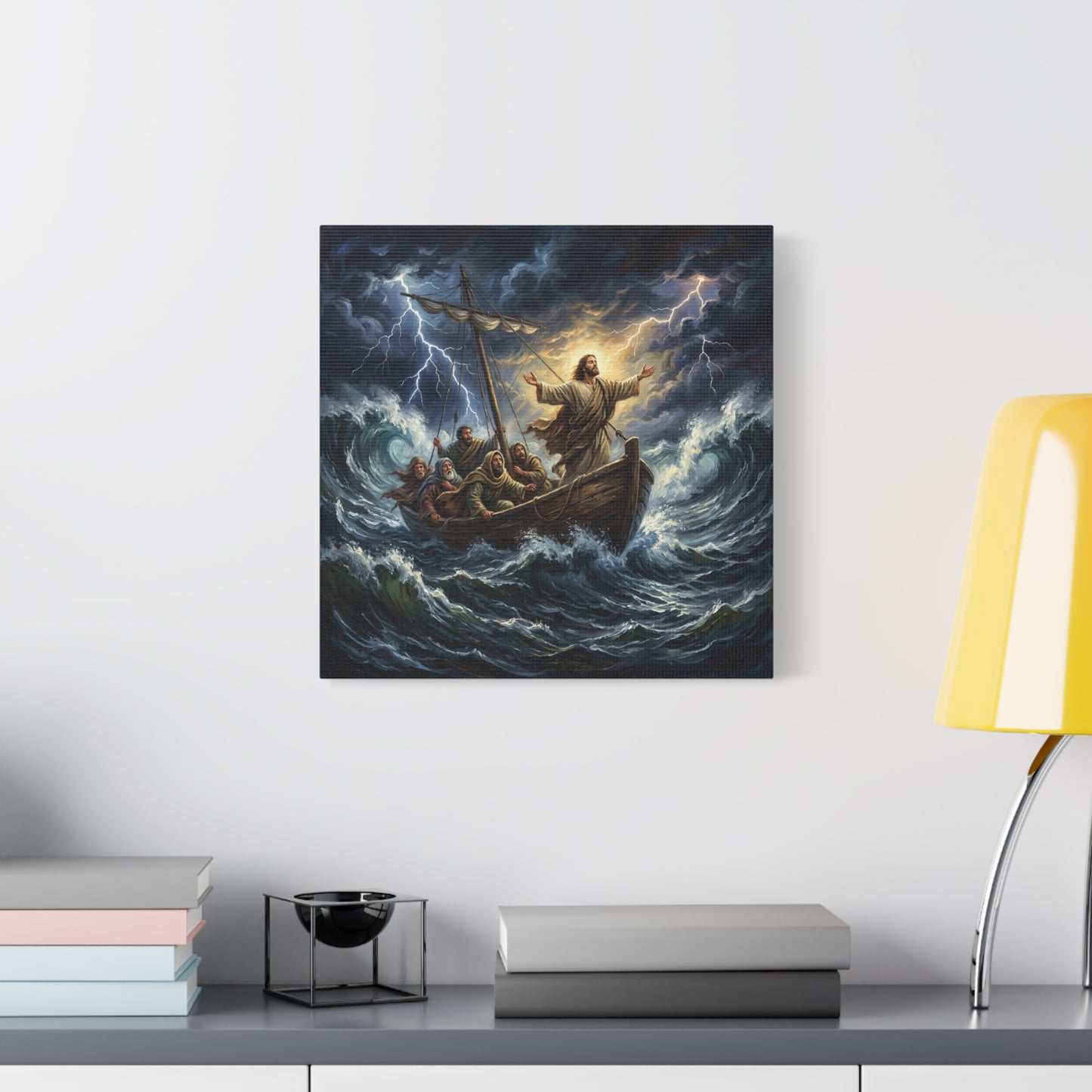 Jesus Calming The Storm Canvas Wall Art - Bible Boat Sea Scene, Dramatic Lightning Waves - Cotton Matte Print - Traditional Religious Decor For Living Room Office Bedroom - Living Room Wall Decor