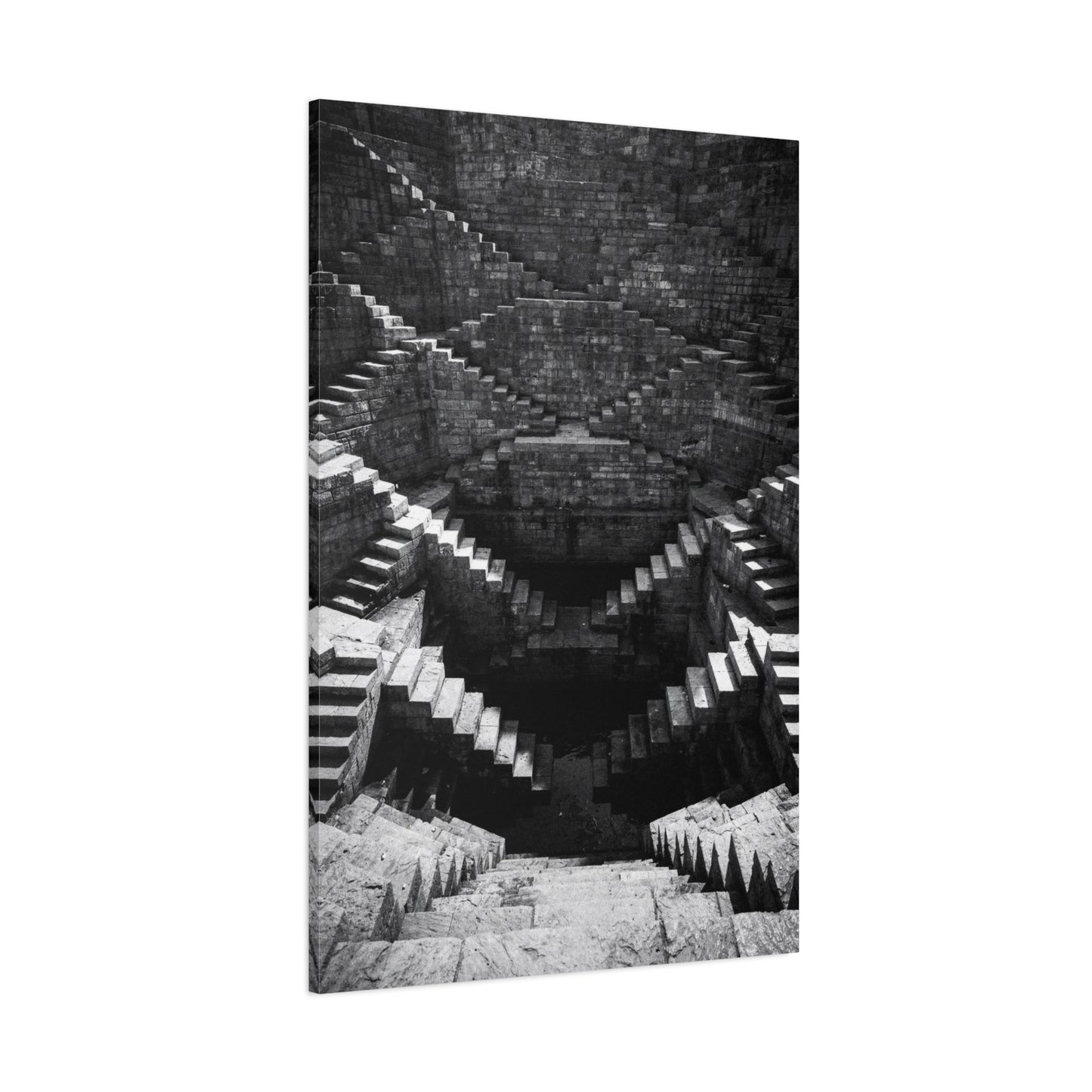 Black And White Stepwell Canvas Wall Art - Architectural Staircase Art Print, Moody Monochrome Stone Geometry - Contemporary Wall Decor For Living Room, Office, Entryway - Ready to Hang