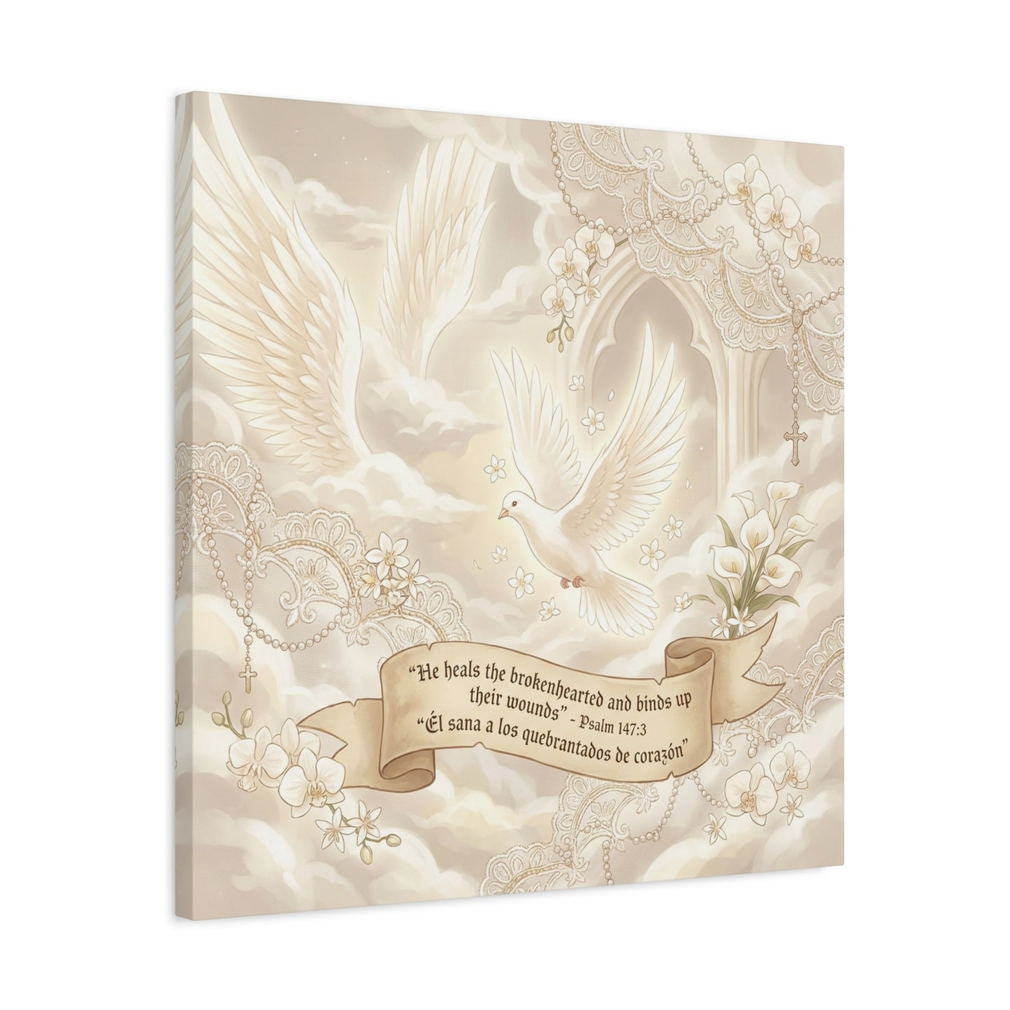 "He Heals The Brokenhearted And Binds Up Their Wounds" Canvas Wall Art - Dove, Cross, Psalm 147:3 Scripture Print - Beige Floral Christian Decor - Bedroom Living Room Home Decoration - Office Wall Art
