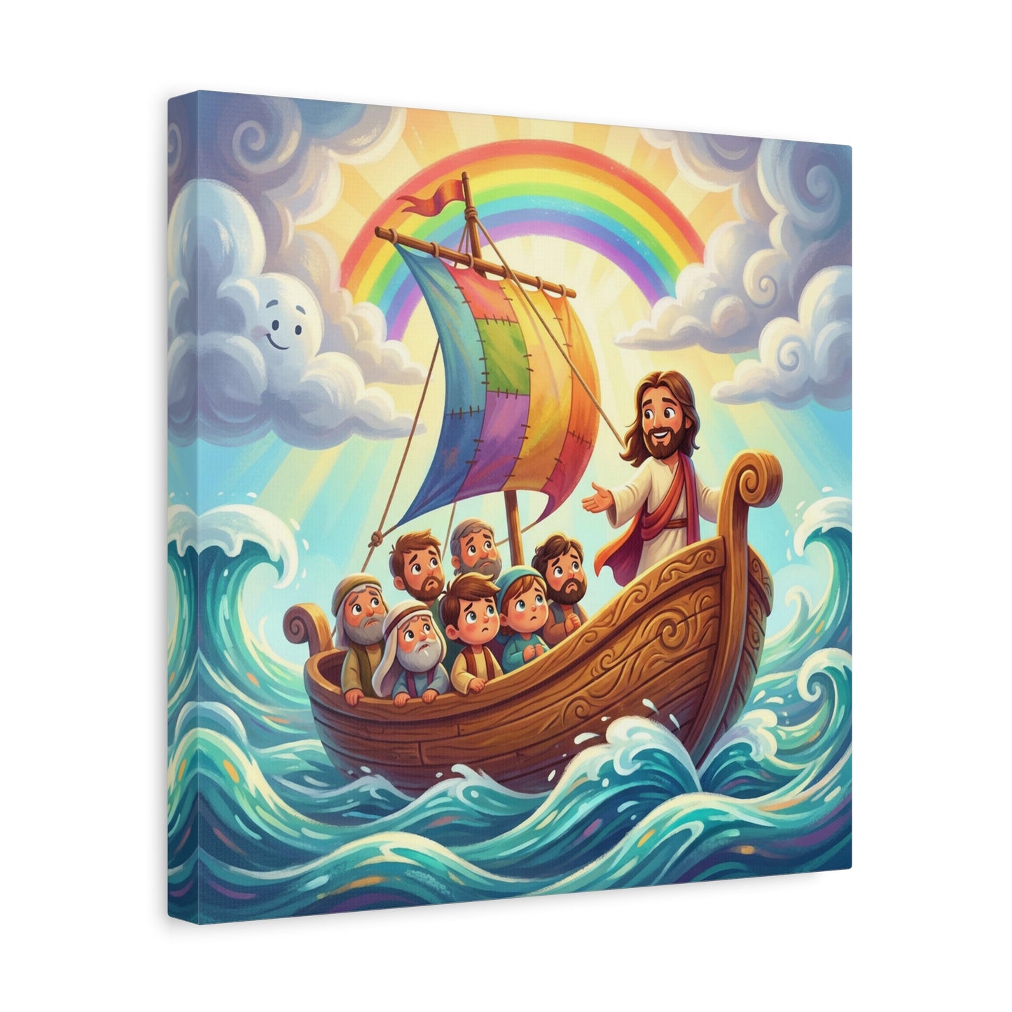 Jesus Boat Canvas Wall Art - Rainbow Sail, Disciples At Sea, Christian Nursery Decor - Matte Cotton Print - Whimsical Religious Style For Kids Bedroom Playroom Home Decoration - Living Room Wall Decor