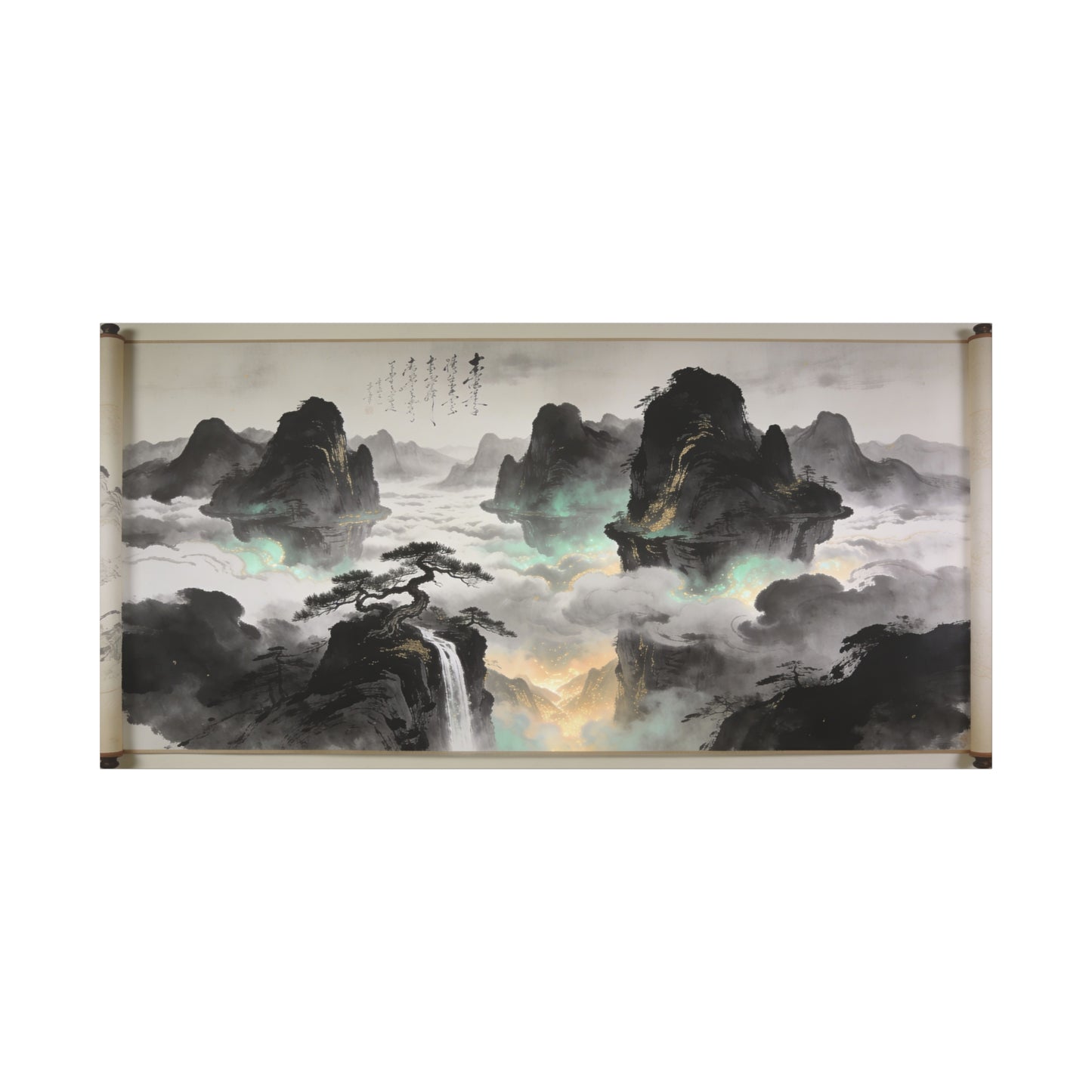 Chinese Ink Landscape Canvas Wall Art - Misty Mountain Scroll Painting, Cloud Sea Waterfall, Calligraphy Detail - Contemporary Zen Style - Living Room Wall Decor, Bedroom Home Accent - Ready to Hang