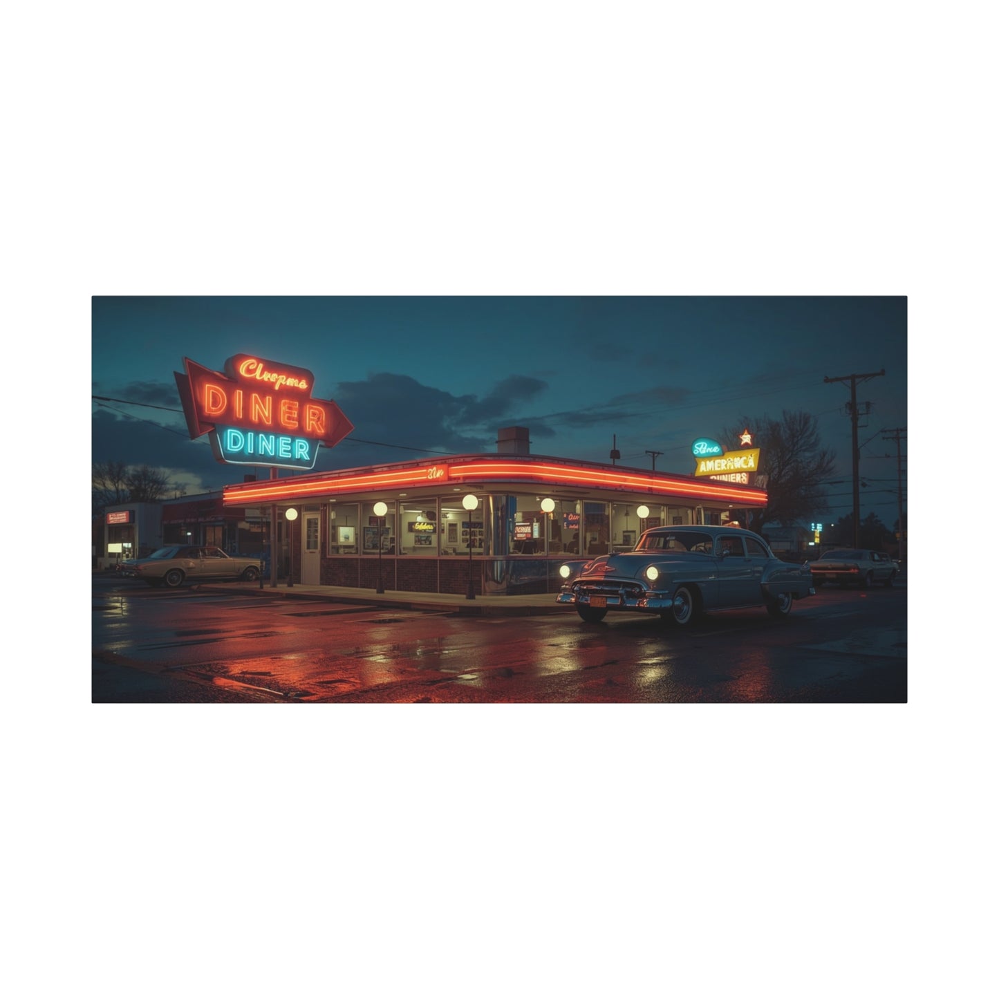 Neon Diner Canvas Wall Art - Retro American Diner Night Scene, Vintage Car Art Print - Moody Blue Glow, Contemporary Style - Living Room Wall Decor, Office Art - Bedroom Home Decoration
