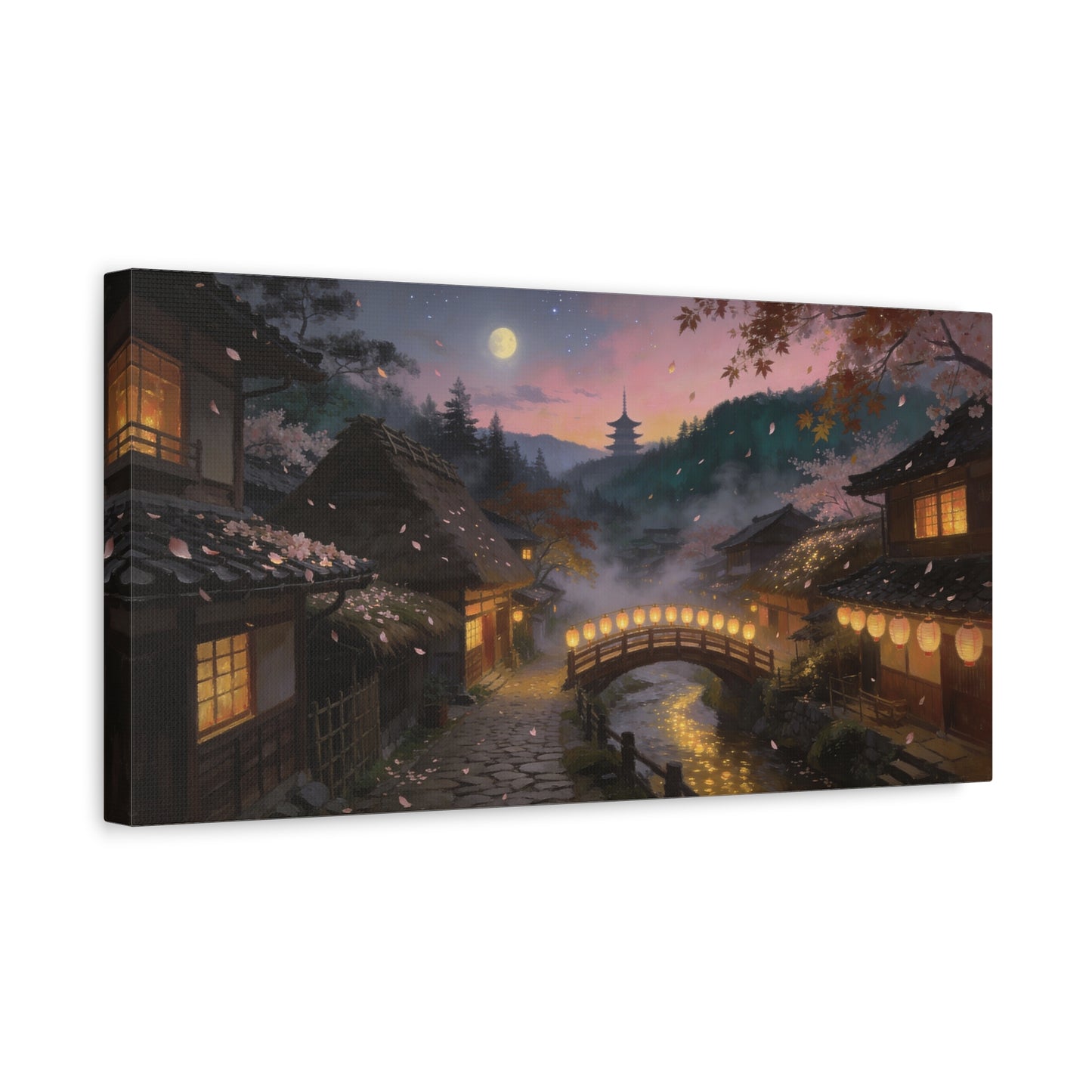 Japanese Village Moonlit Canvas Wall Art - Lantern Bridge, Cherry Blossom Petals, Pagoda Landscape - Matte Cotton Print - Traditional Style, Living Room Wall Decor, Bedroom Decoration - Ready to Hang