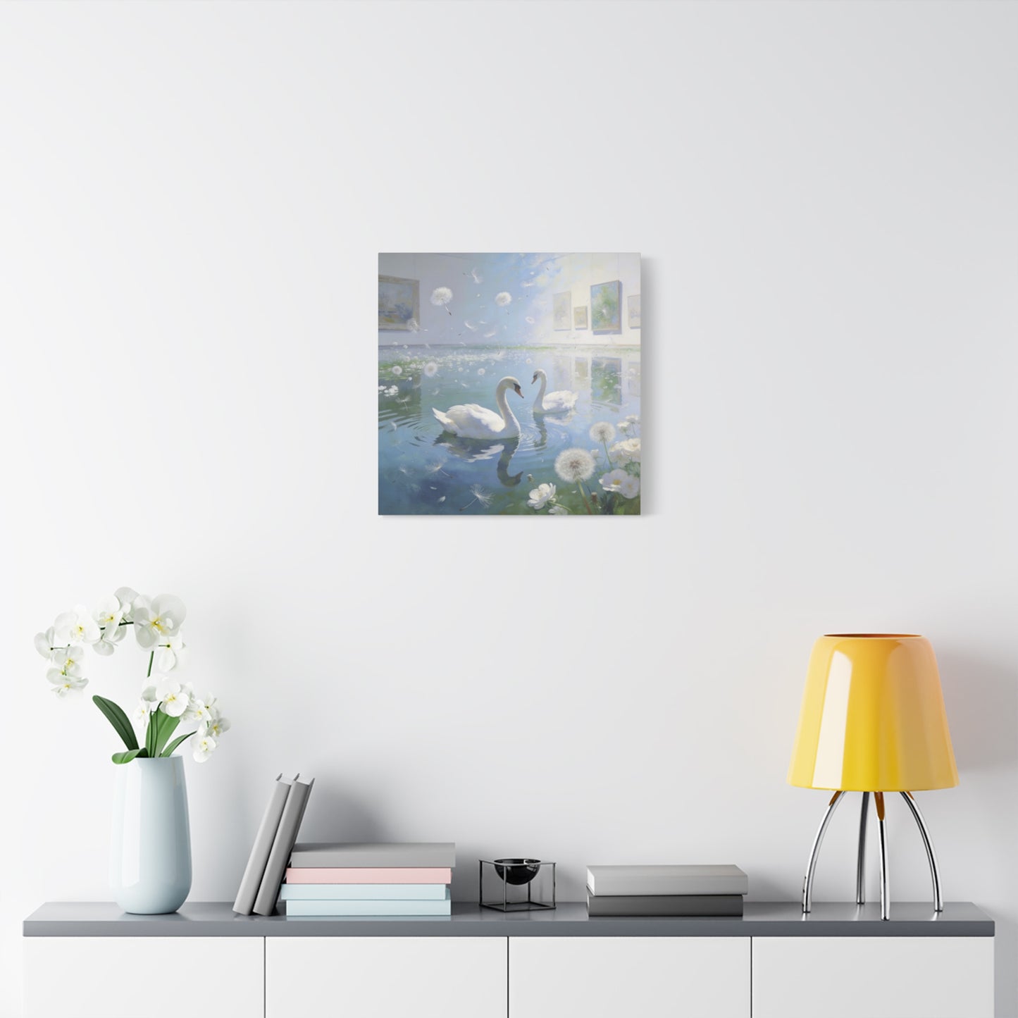 White Swan Canvas Wall Art - Serene Pond With Dandelion Seeds, Soft Blue Water Reflection - Dreamy Traditional Style - Living Room Wall Decor, Bedroom Home Decoration, Office Art - Ready to Hang