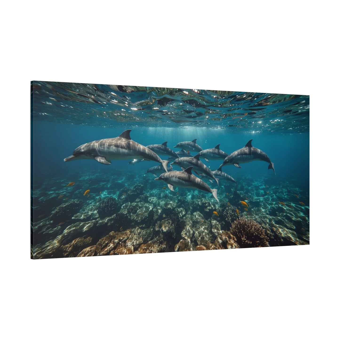 Dolphin School Canvas Wall Art - Underwater Ocean Art Print, Blue Coastal Decor - Matte Canvas Print, Contemporary Seascape Style - Living Room Wall Decor, Bedroom Home Decoration - Ready to Hang