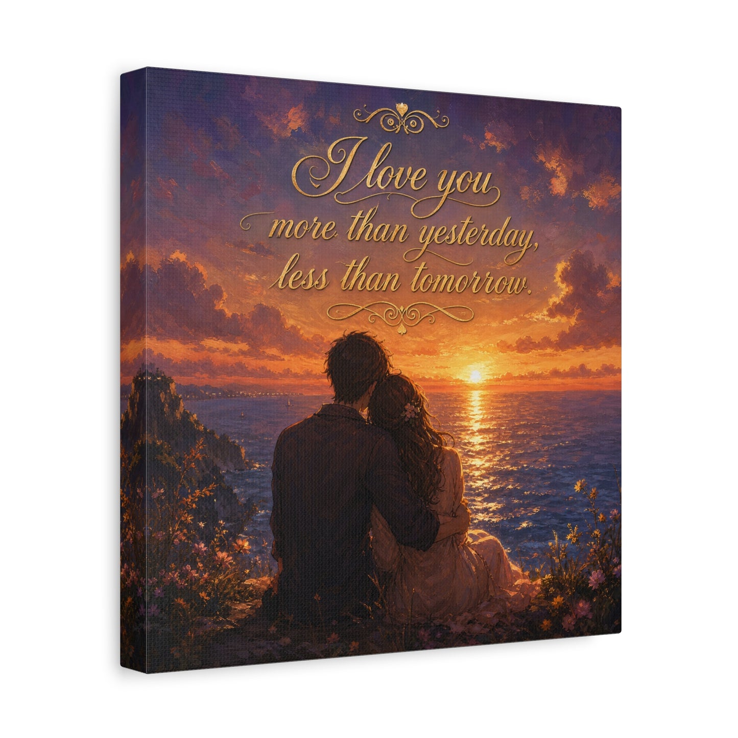 "I Love You More Than Yesterday, Less Than Tomorrow." Love Quote Canvas Wall Art - Romantic Sunset Ocean Couple Silhouette - Gold Script Seascape - Bedroom Wall Decor - Ready to Hang - Ready to Hang