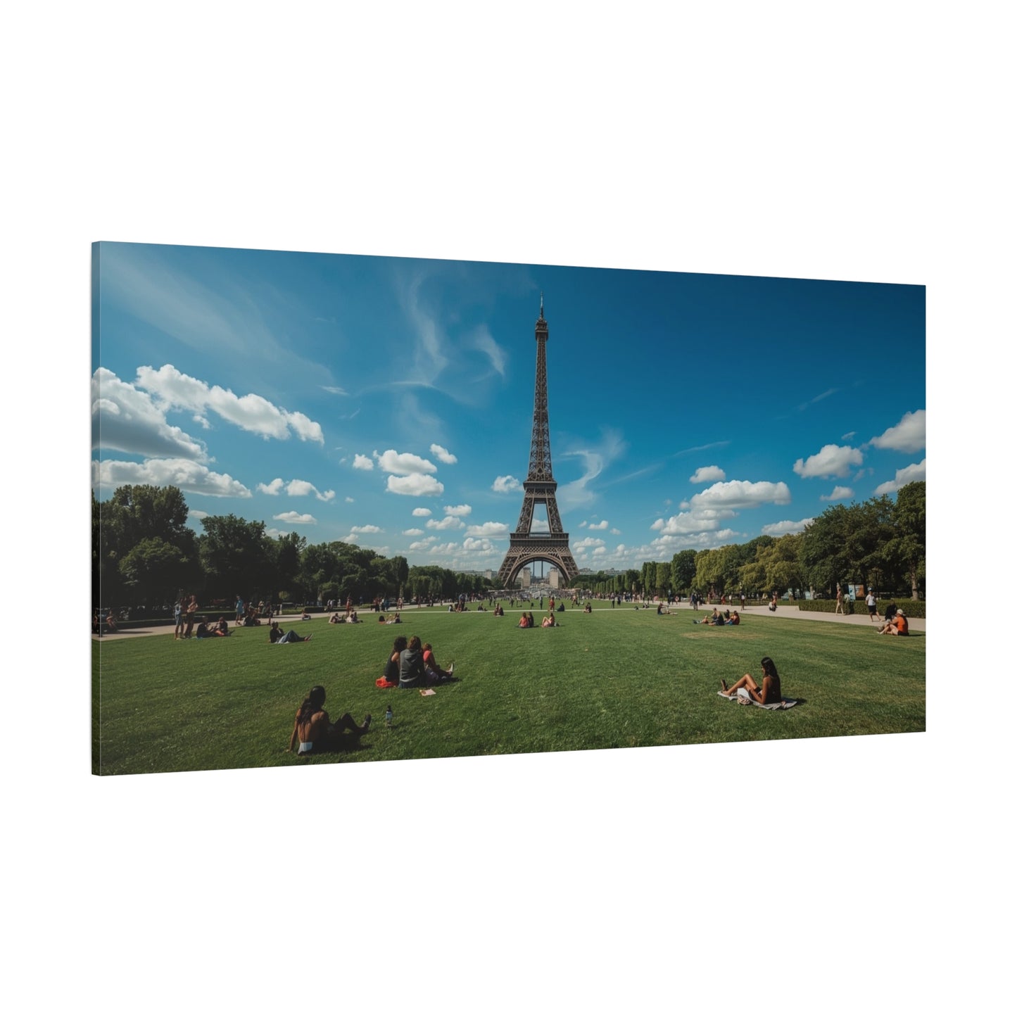 Eiffel Tower Canvas Wall Art Paris Landmark Art Print - Blue Sky, Green Lawn, Travel Cityscape Decor - Matte Cotton Artwork - Living Room Wall Decor, Office Art Accent - Bedroom Home Decoration