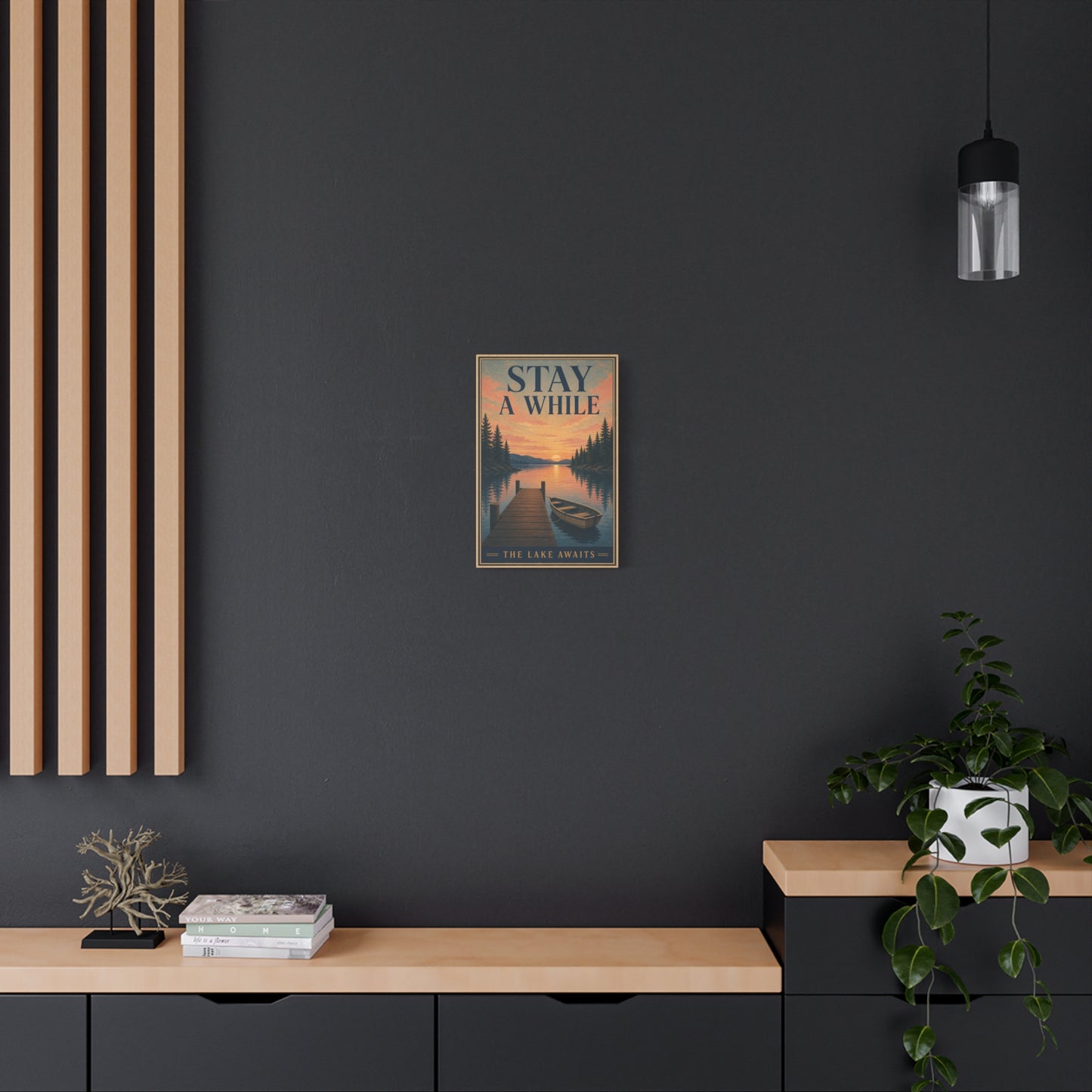 "Stay A While The Lake Awaits" Lake Sunset Canvas Wall Art - Vintage Dock And Rowboat Landscape Print, Rustic Cabin Decor, Bedroom Home Decoration, Entryway Accent - Office Wall Art - Ready to Hang