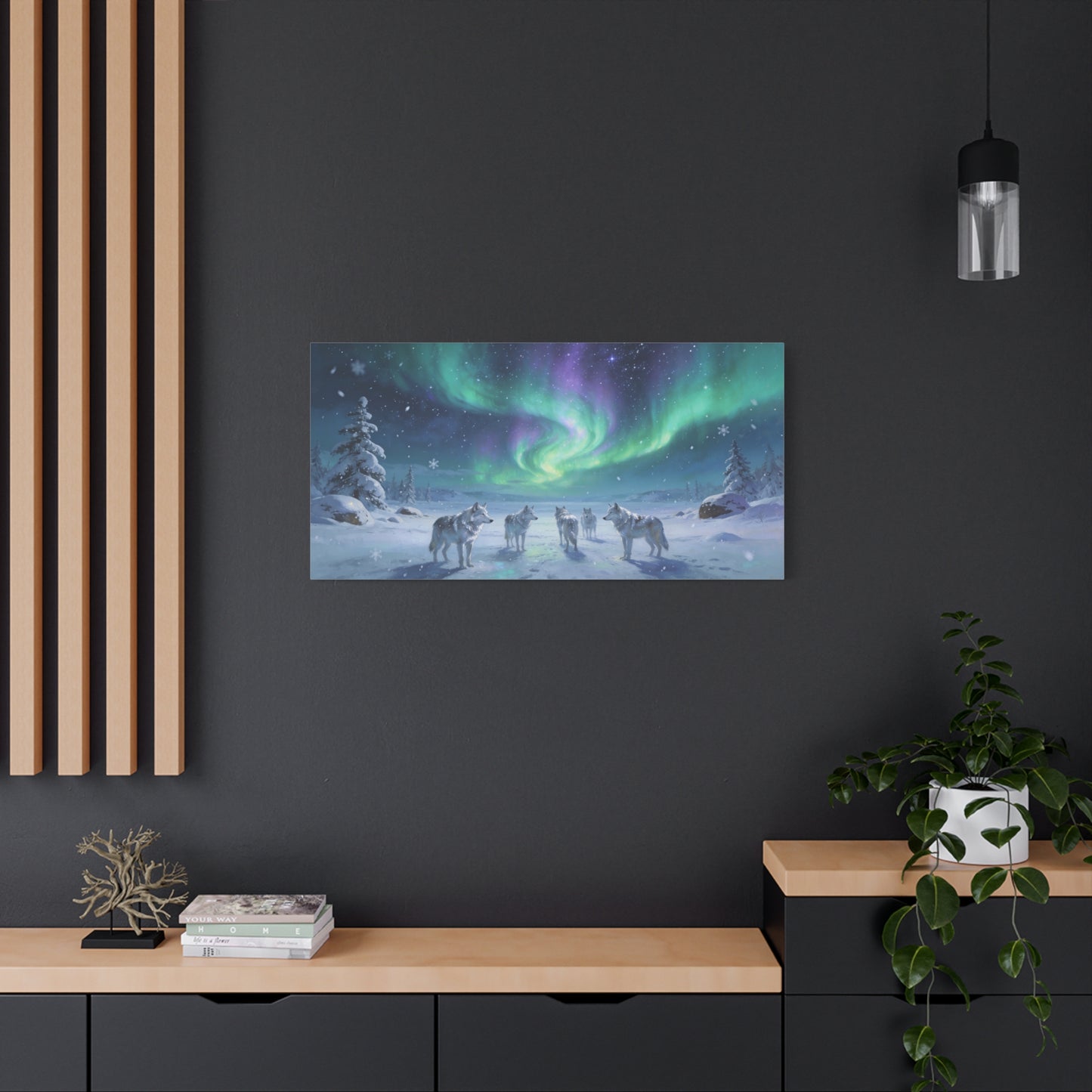 Arctic Wolf Pack Canvas Wall Art - Aurora Borealis Snowy Winter Landscape, Northern Lights Canvas Print, Blue Green Purple Sky, Living Room Wall Decor, Bedroom Home Decoration - Modern Farmhouse Style