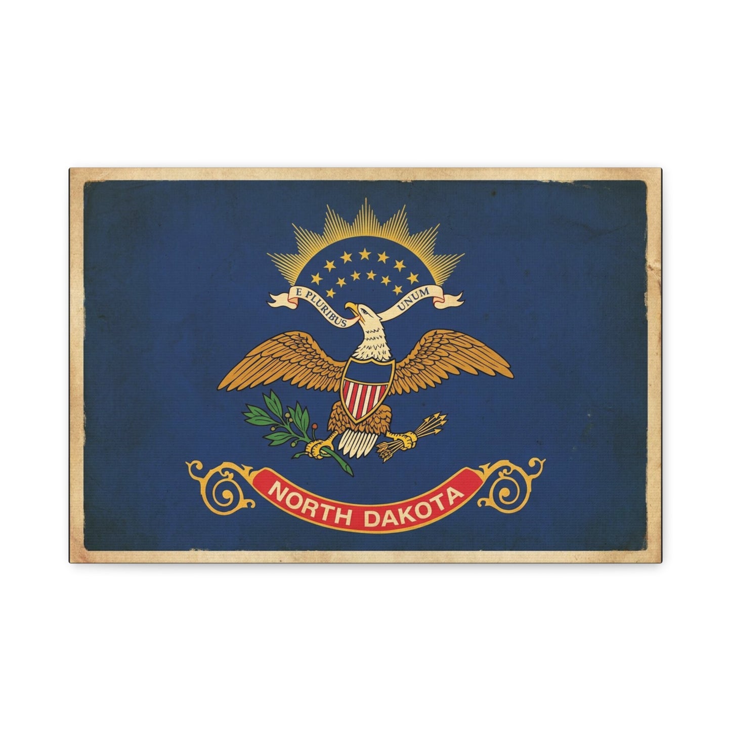 North Dakota Flag Canvas Wall Art - E Pluribus Unum Vintage State Banner Print - Patriotic Blue Eagle Emblem Decor - Rustic Americana Style - Ready to Hang - Living Room Wall Decor - Ready to Hang