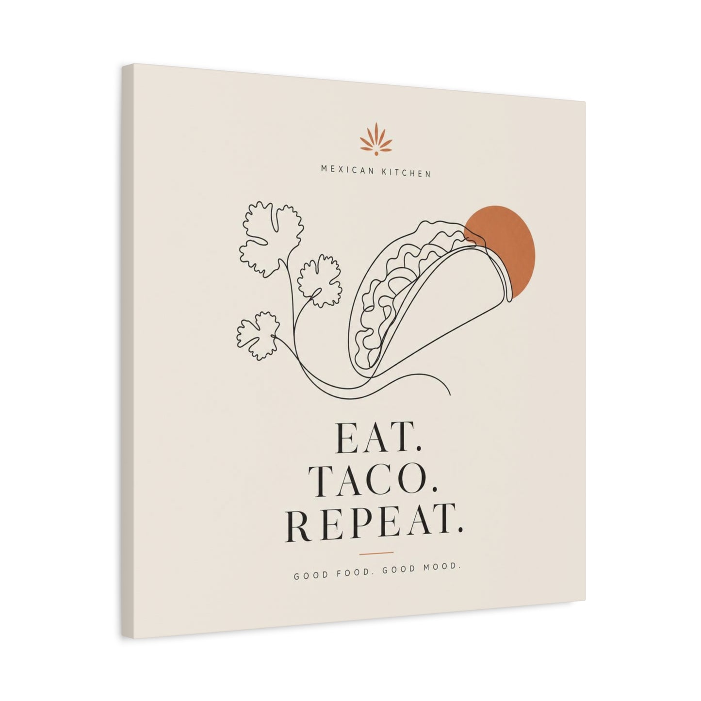 "Eat. Taco. Repeat." Mexican Kitchen Canvas Wall Art - Minimalist Taco Line Illustration, Terracotta Sun, Typography Print - Modern Kitchen Decor, Cafe Wall Decor, Dining Room Accent - Ready to Hang