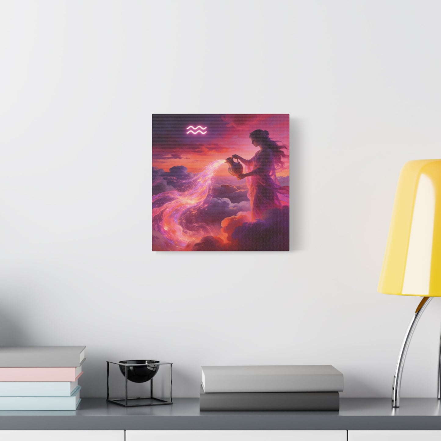 Aquarius Goddess Canvas Wall Art - Zodiac Woman Pouring Celestial Water, Fantasy Sky Illustration - Pink Purple Matte Canvas Print - Bedroom Wall Decor, Bohemian Home Accent - Bedroom Home Decoration