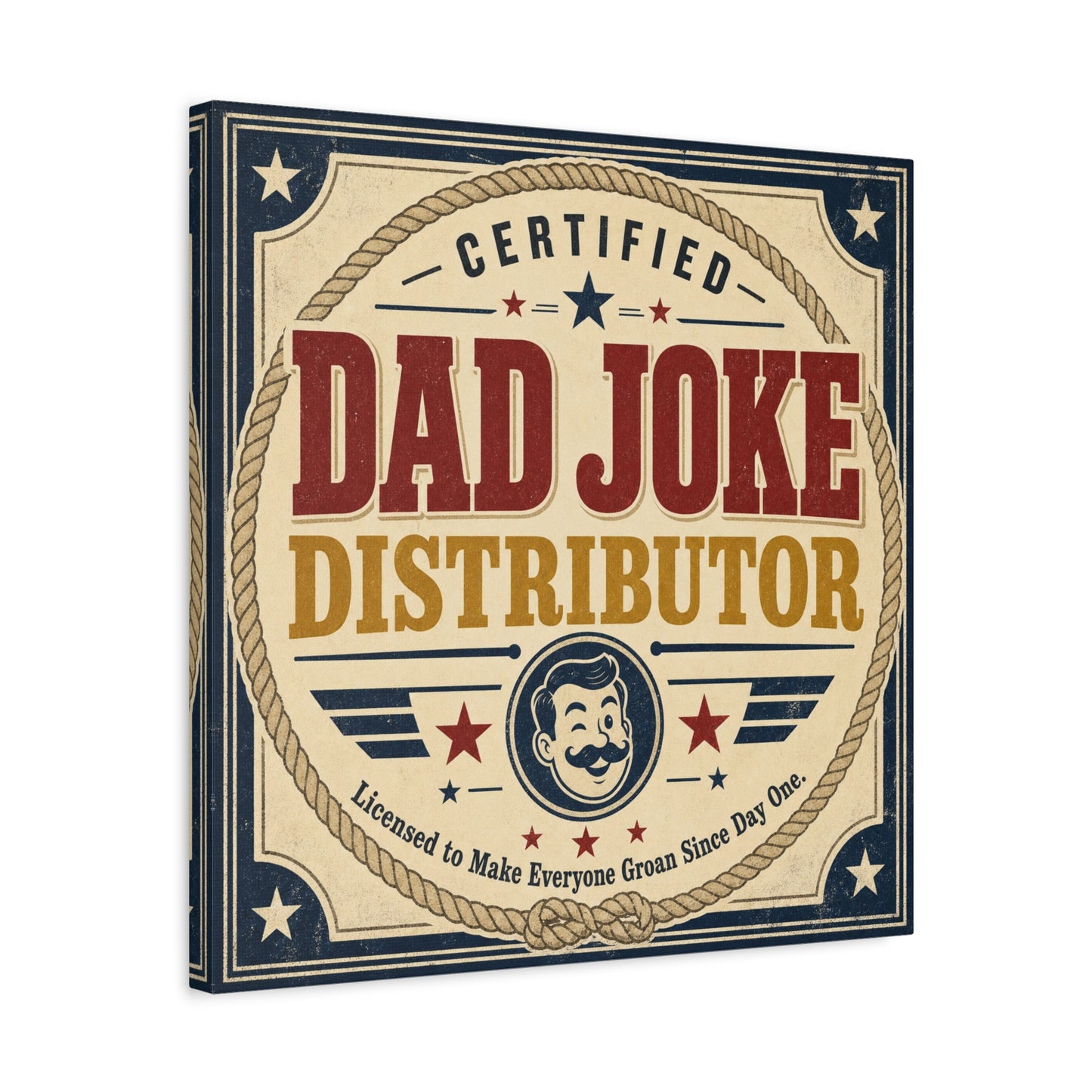 "Dad Joke Distributor" Funny Canvas Wall Art - Vintage Typography Humor Print, Retro Patriotic Stars And Mustache Illustration - Farmhouse Office Decor, Man Cave Wall Hanging - Bedroom Home Decoration