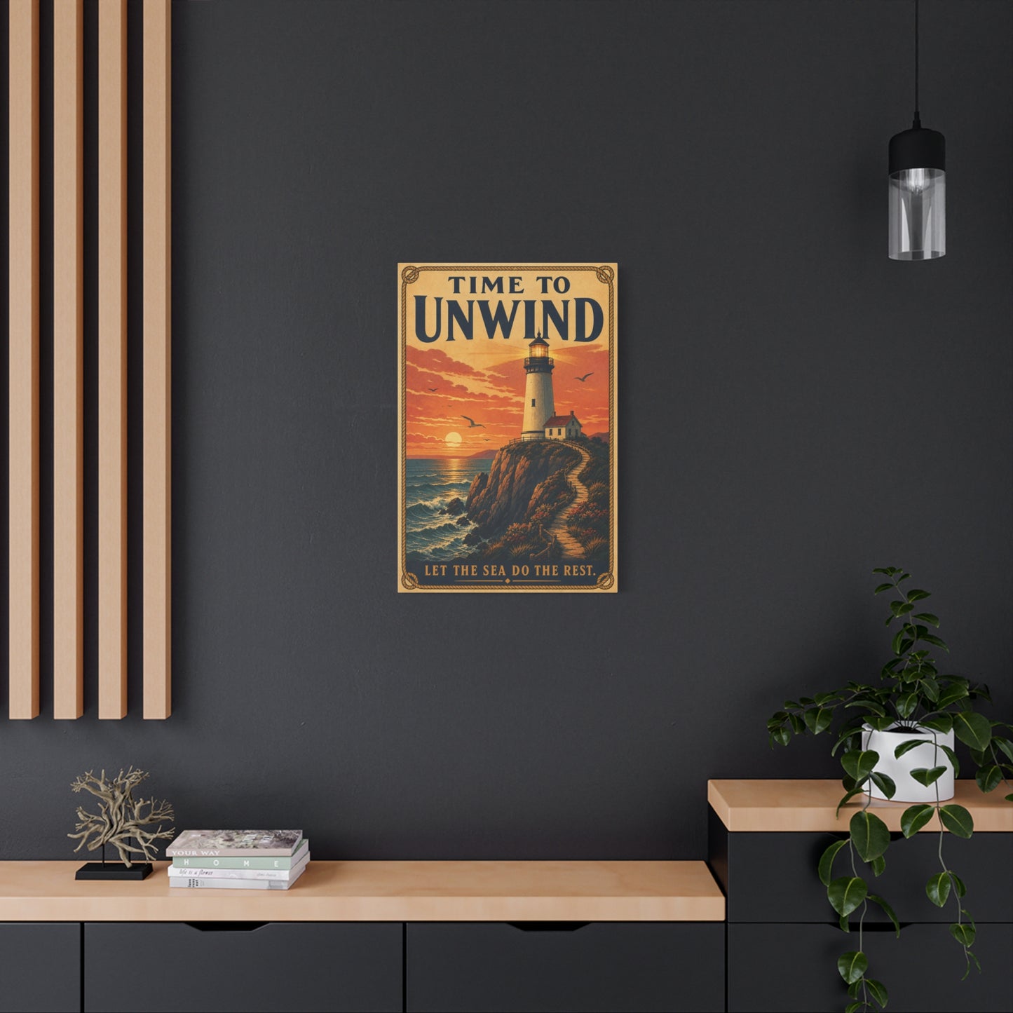 "Time To Unwind Let The Sea Do The Rest" Lighthouse Canvas Wall Art - Vintage Coastal Sunset Seascape Print, Nautical Home Decor, Bedroom Living Room Decoration, Beach House Style - Office Wall Art