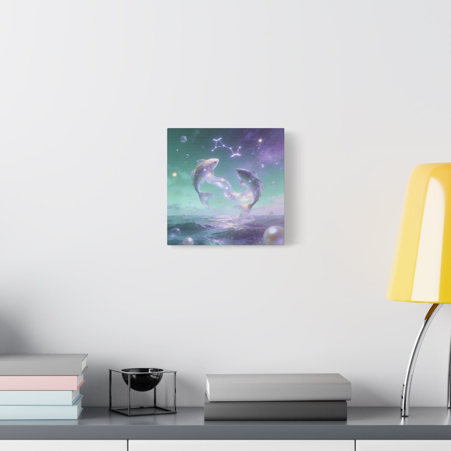 Pisces Fish Canvas Wall Art - Celestial Ocean Zodiac Illustration, Dreamy Aurora Nightscape, Matte Cotton Print, Mystical Bedroom Accent, Meditation Space Piece, Office Interior Style - Ready to Hang