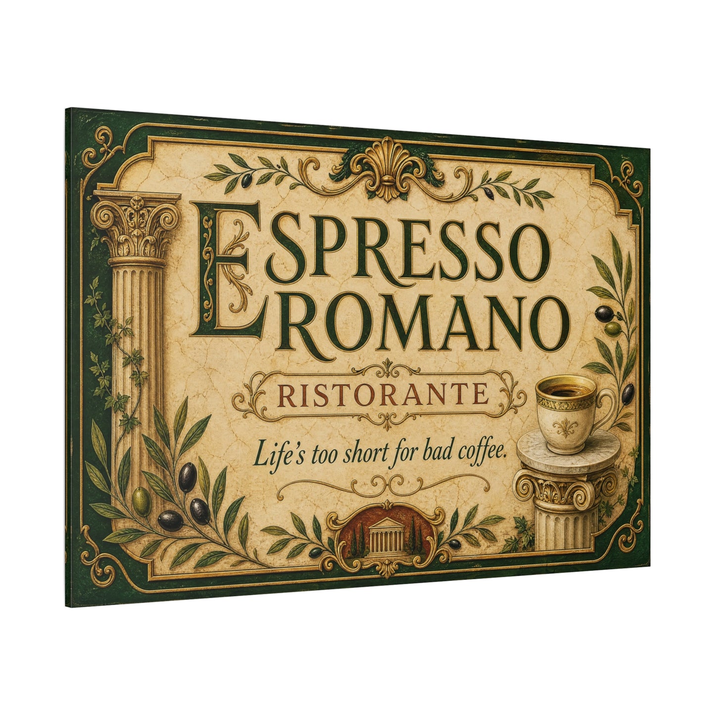 "Espresso Romano" Canvas Wall Art - "Life's Too Short For Bad Coffee." Vintage Italian Cafe Decor, Olive Branches, Roman Columns, Espresso Cup - Coffee Shop Decor - Cafe Wall Art - Ready to Hang