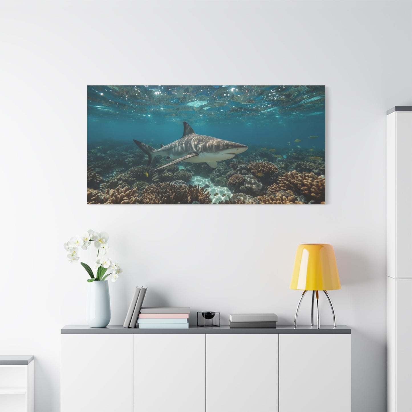 Tiger Shark Canvas Wall Art - Underwater Coral Reef Ocean Art Print, Blue Coastal Wall Decor - Matte Canvas Seascape - Living Room Home Decoration, Office Art - Bedroom Home Decoration