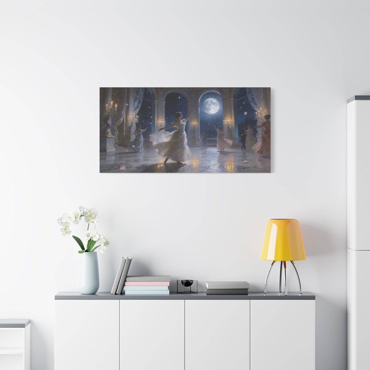 Moonlit Ballroom Dance Canvas Wall Art - Romantic Palace Night Scene, Elegant Dancers, Full Moon Arches - Dreamy Matte Canvas Print - Bedroom Wall Decor, Living Room Accent - Bedroom Home Decoration