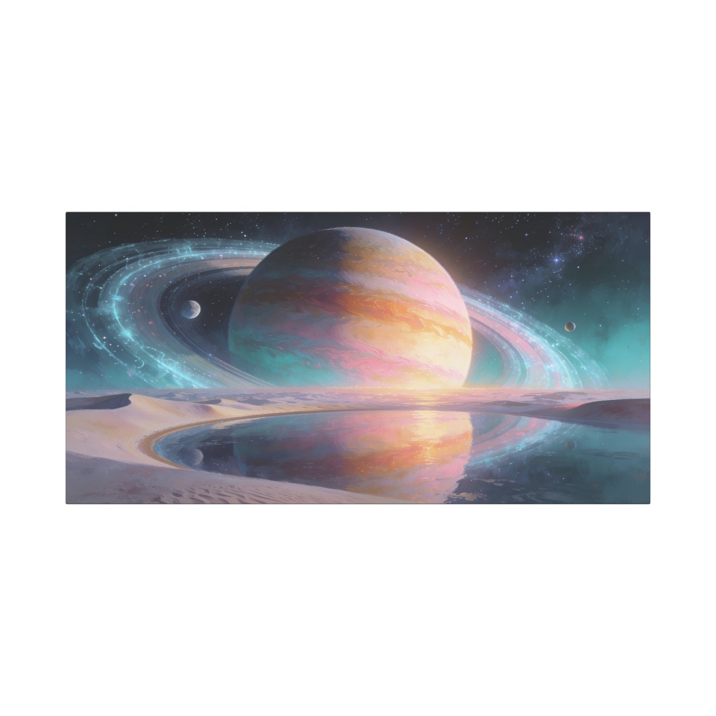 Ringed Planet Canvas Wall Art - Pastel Space Landscape, Celestial Desert Lake Reflection - Contemporary Surreal Canvas Print - Living Room Wall Decor, Bedroom Home Decoration - Bedroom Home Decoration