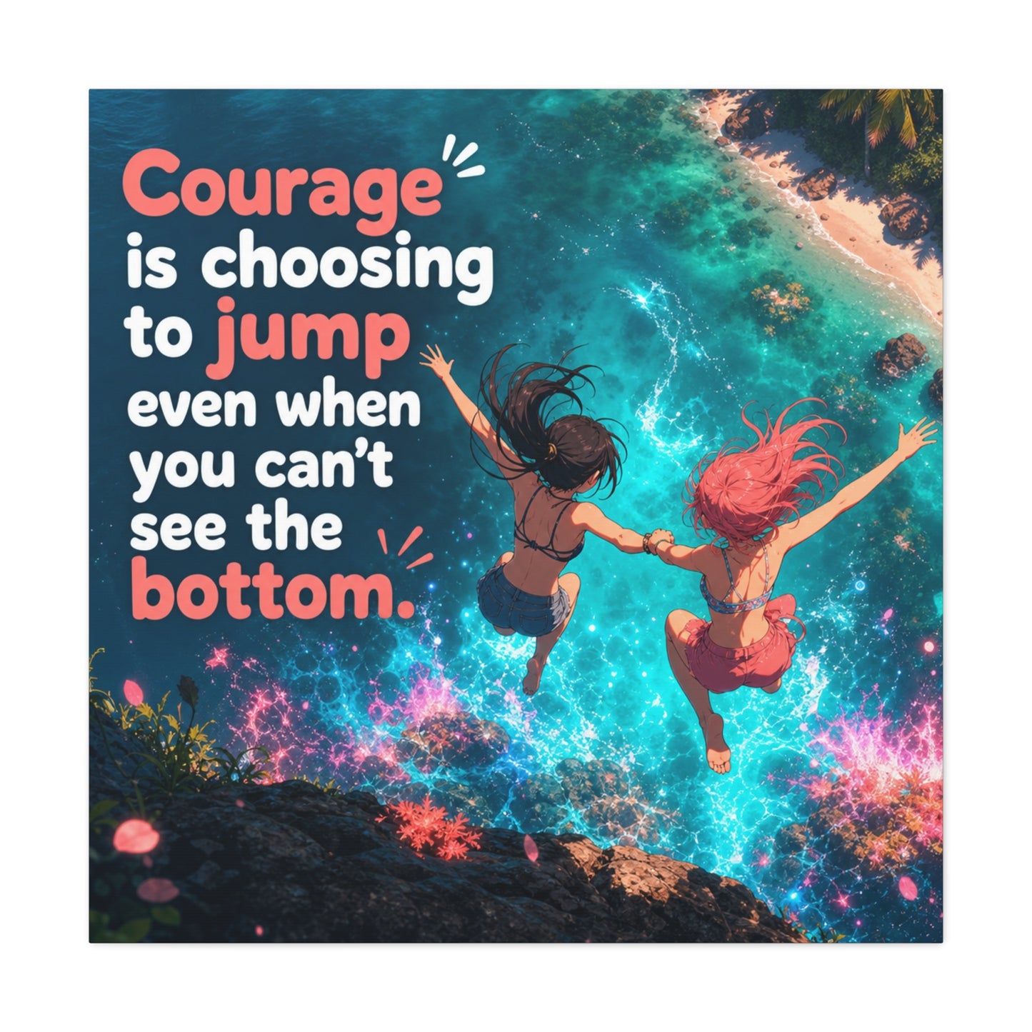 "Courage Is Choosing To Jump Even When You Can't See The Bottom" Canvas Wall Art - Coastal Quote Illustration, Inspirational Ocean Cliff Scene, Bedroom Wall Decor, Teen Space Accent - Ready to Hang