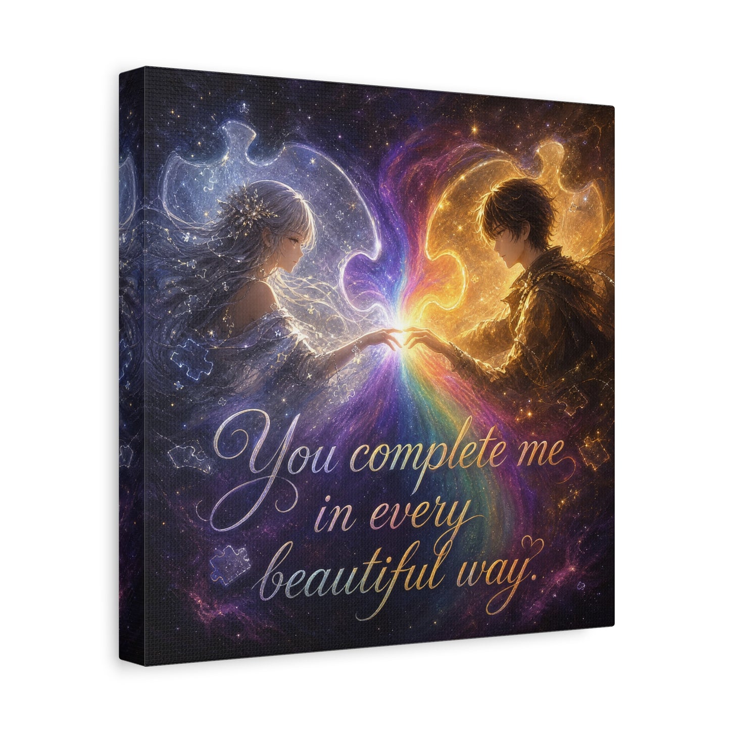 "You Complete Me In Every Beautiful Way" Romantic Couple Canvas Wall Art - Celestial Puzzle Soulmate Quote Print, Fantasy Love Decor - Bedroom Wall Hanging - Ready to Hang - Bedroom Home Decoration