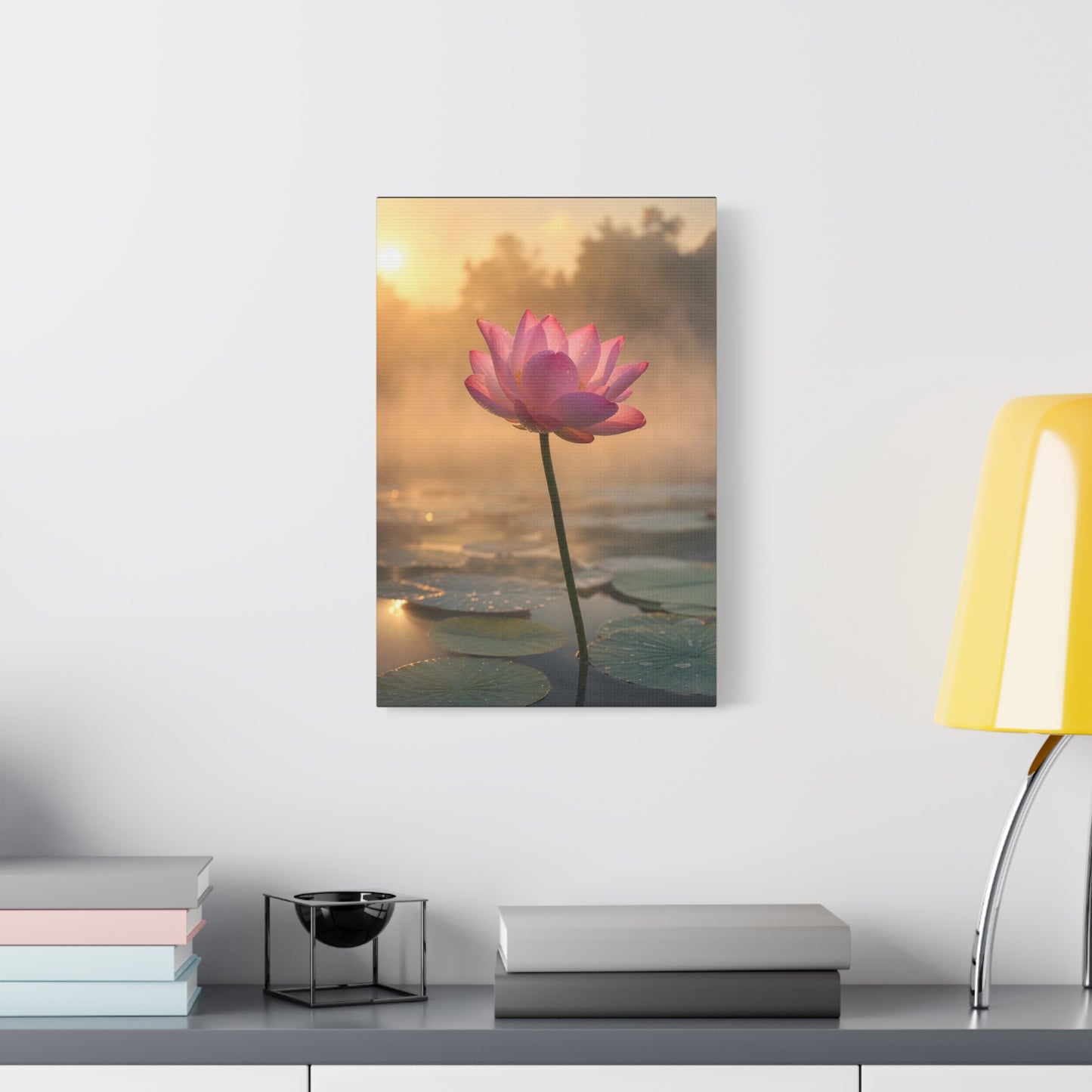 Pink Lotus Canvas Wall Art - Serene Water Lily Sunrise Floral Print - Soft Golden Light, Matte Canvas Print - Bedroom Wall Decor, Bathroom Home Decoration, Zen Meditation Space - Cozy Reading Nook Art