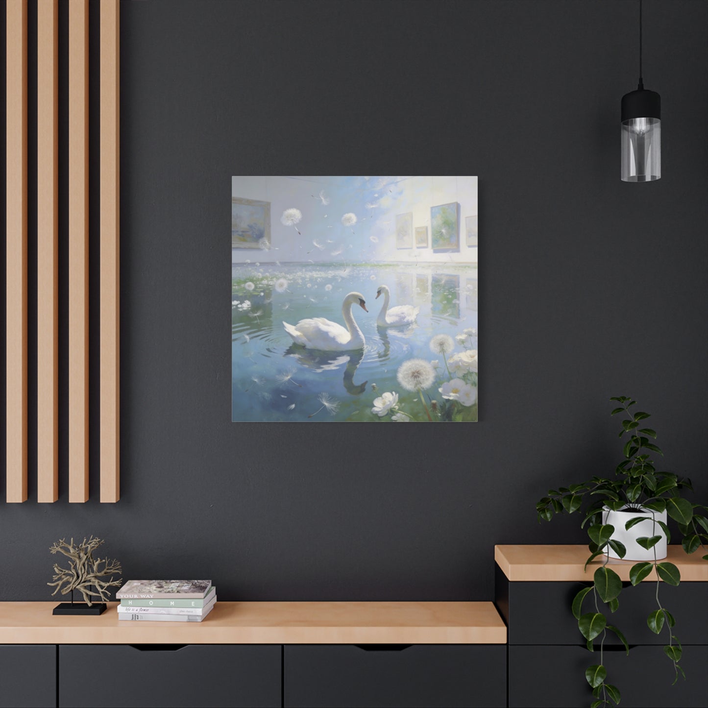 White Swan Canvas Wall Art - Serene Pond With Dandelion Seeds, Soft Blue Water Reflection - Dreamy Traditional Style - Living Room Wall Decor, Bedroom Home Decoration, Office Art - Ready to Hang