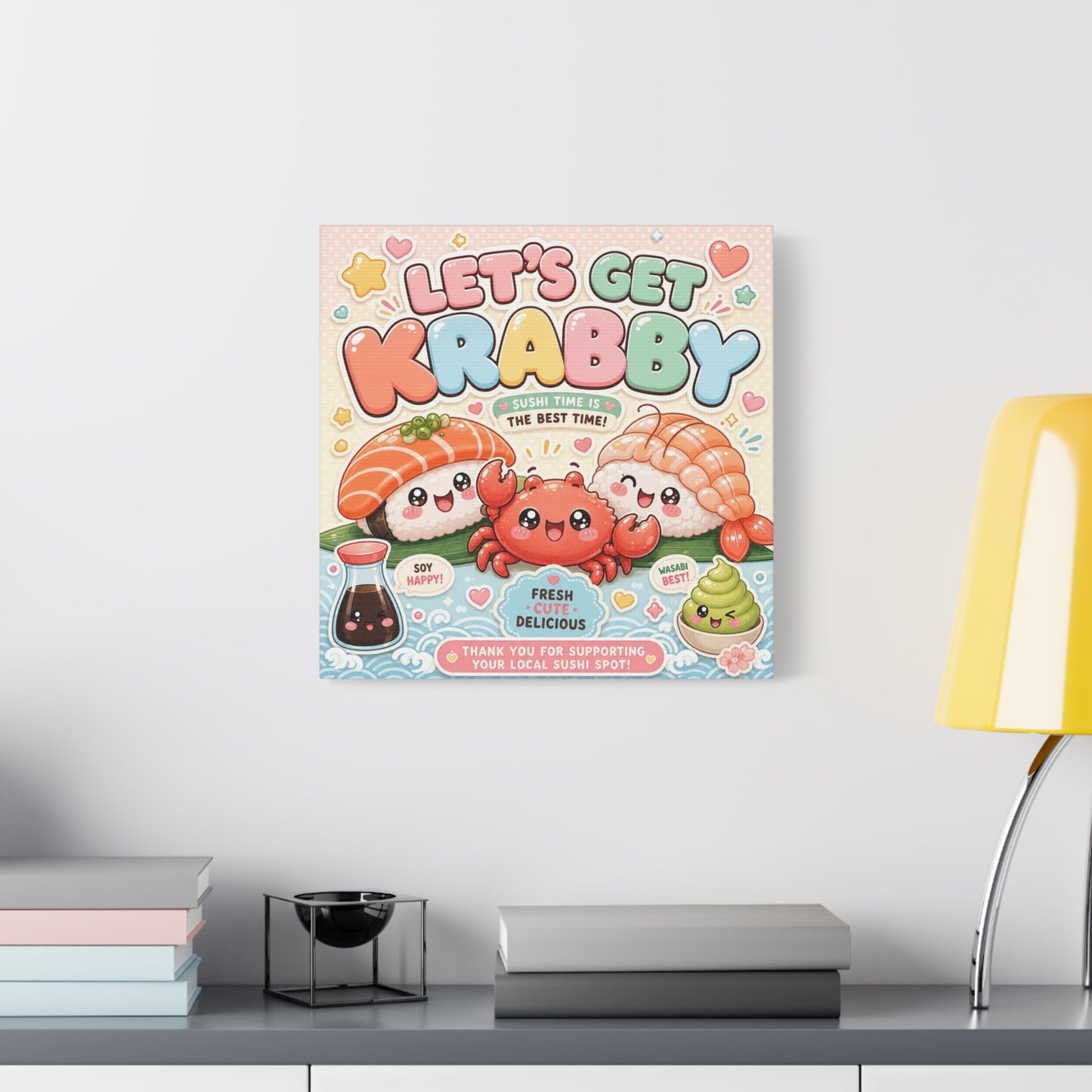 "Let's Get Krabby" Sushi Quote Canvas Wall Art - Kawaii Salmon Nigiri Shrimp Crab Illustration - Pastel Typography - Cafe Wall Decor, Restaurant Wall Hanging, Cute Food Sign - Reception Area Decor