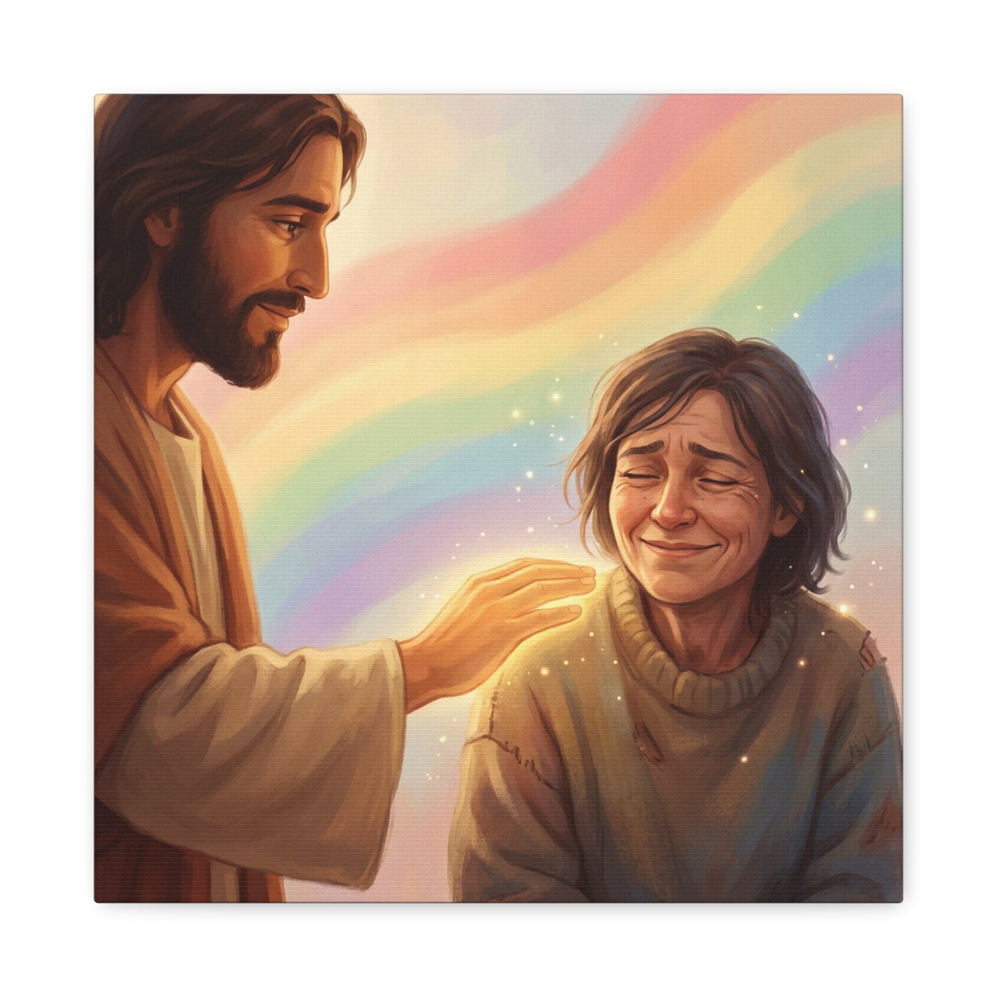 Jesus Christ Comforting Woman Canvas Wall Art - Rainbow Christian Wall Decor, Faith Home Decoration - Matte Canvas Print, Inspirational Religious Artwork - Living Room Bedroom Office - Ready to Hang