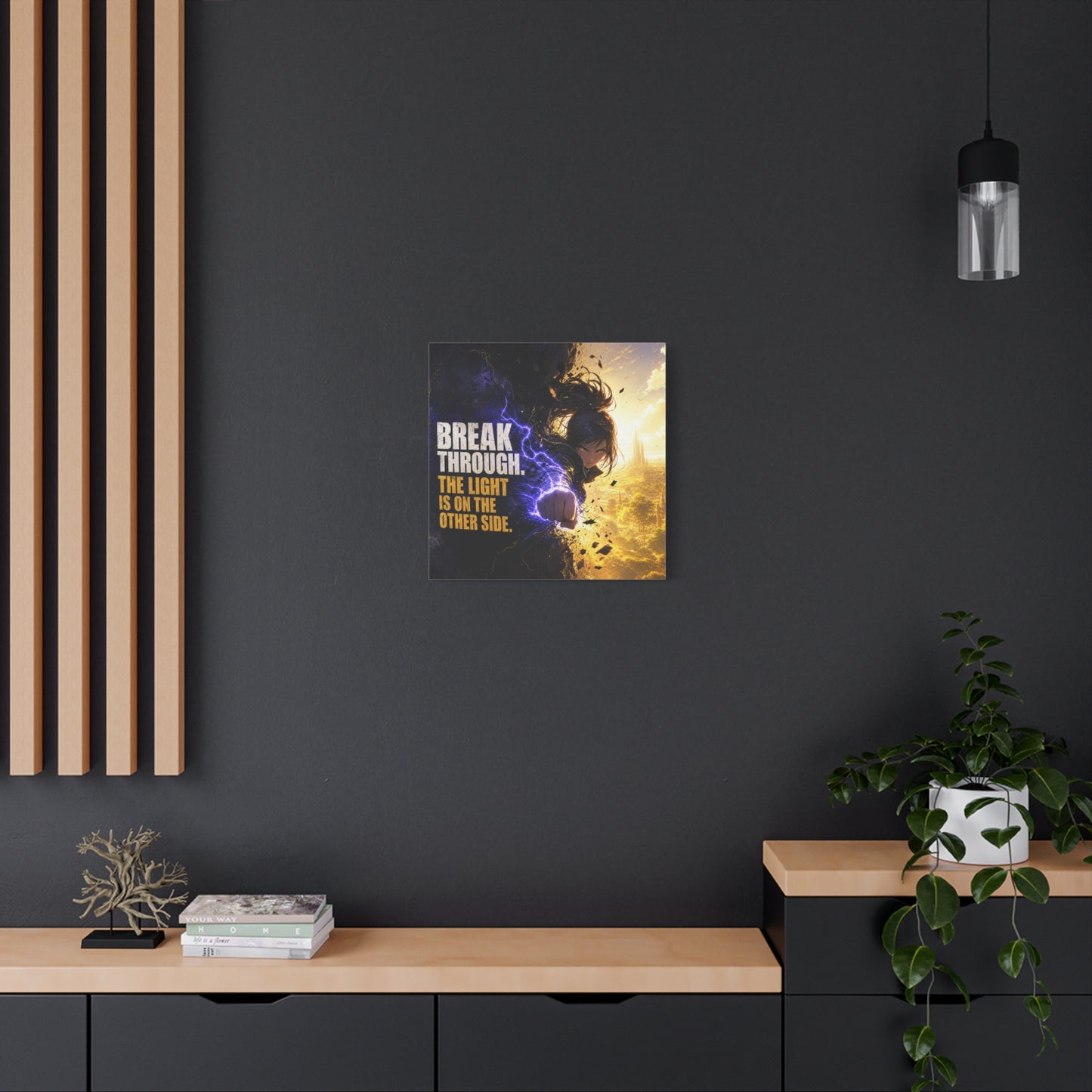 "Break Through. The Light Is On The Other Side." Anime Canvas Wall Art - Motivational Fantasy Girl Poster Print, Dramatic Gold Lightning, Contemporary Bedroom Decor, Teen Room Accent - Office Wall Art