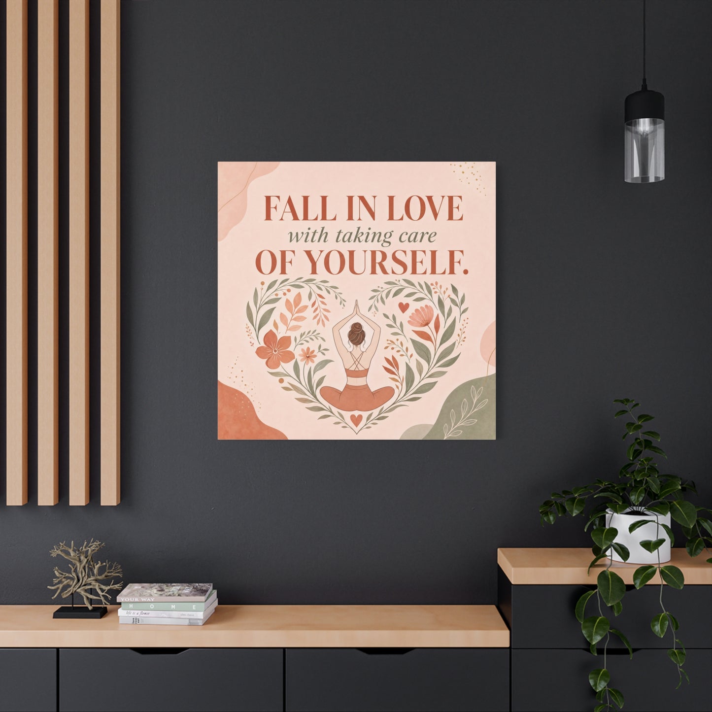 "Fall In Love With Taking Care Of Yourself." Inspirational Canvas Wall Art - Yoga Woman Floral Quote Print - Bohemian Modern Sage Blush Decor - Living Room Wall Decor - Bedroom Home Decoration