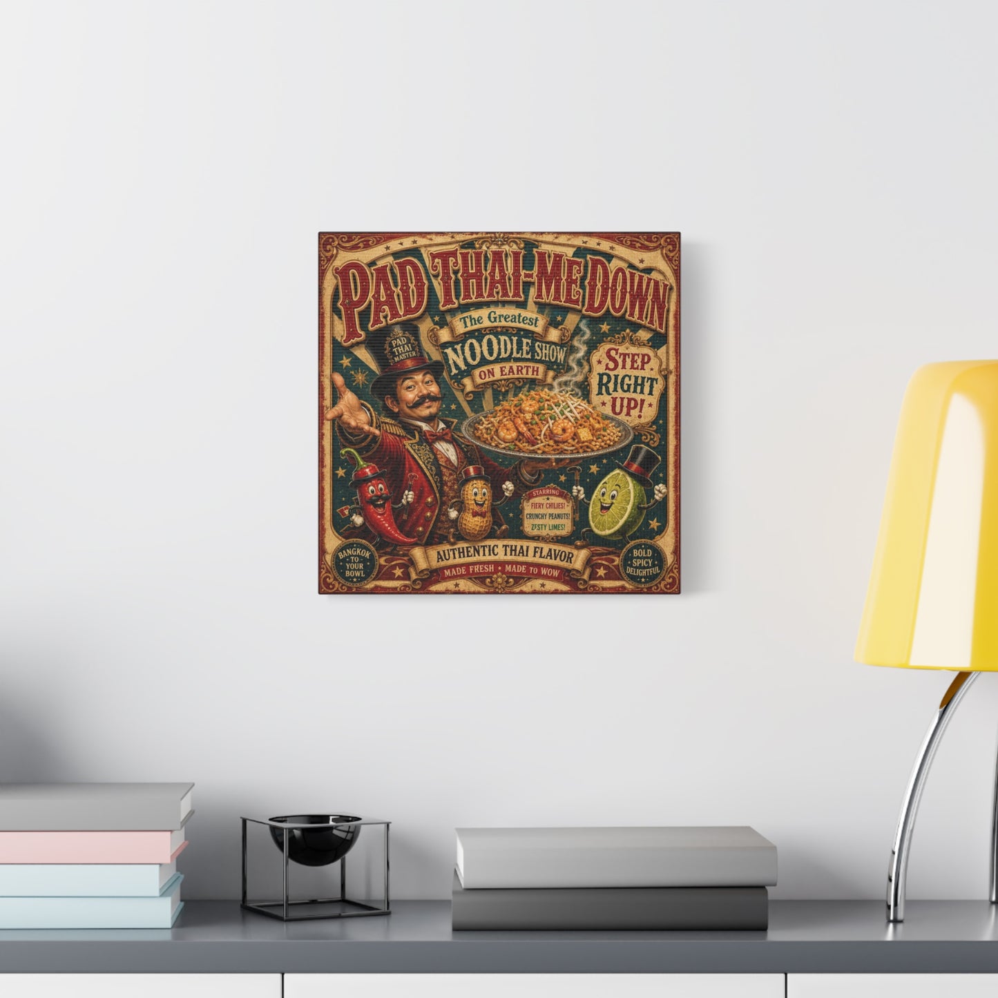 "Pad Thai-Me Down" Canvas Wall Art - Vintage Circus Noodle Poster, Typography Illustration, Whimsical Restaurant Decor, Cafe Wall Decor, Retro Kitchen Accent, Matte Canvas Print - Ready to Hang