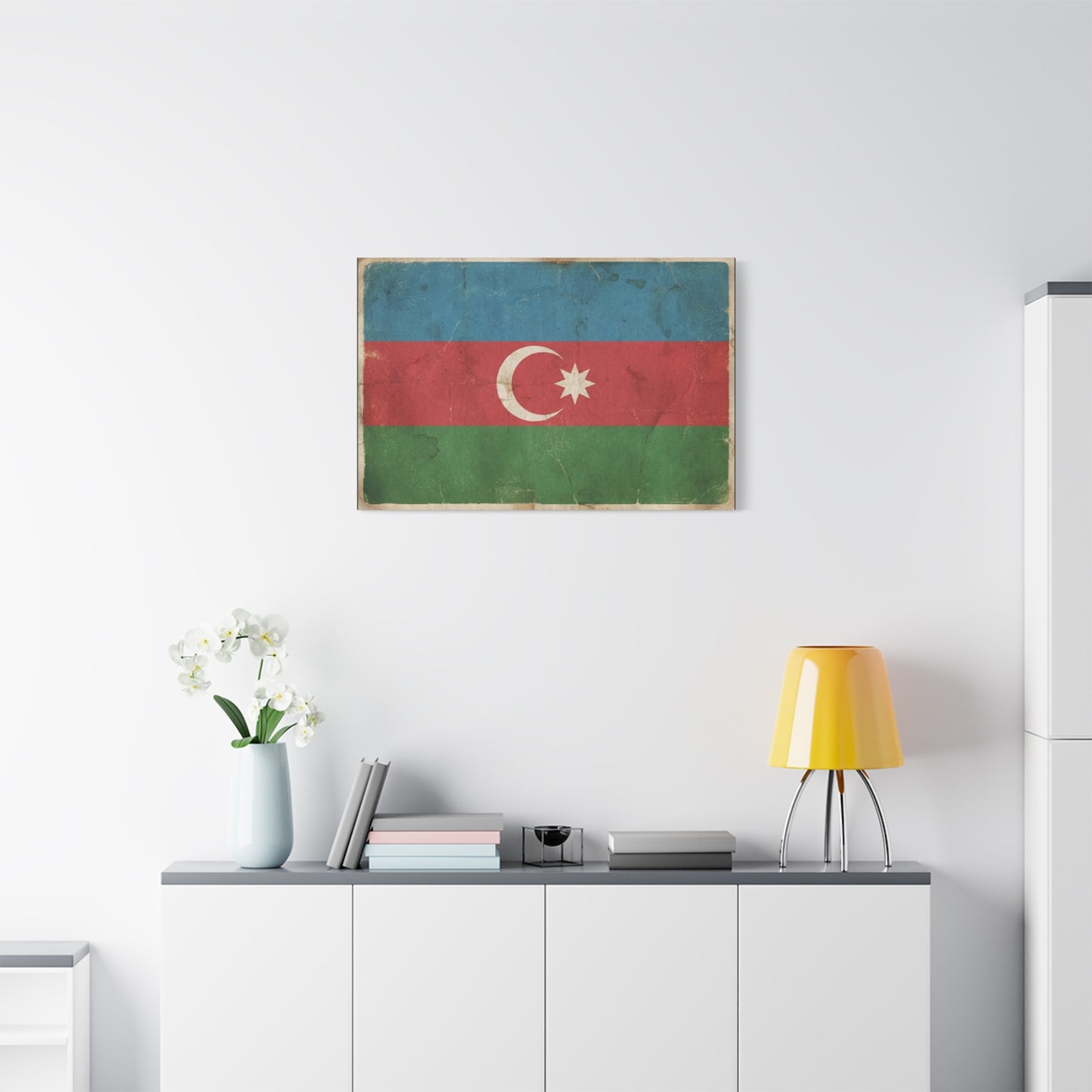 Azerbaijan Flag Canvas Wall Art - Vintage Distressed Crescent Star Print - Patriotic Heritage Decor, Rustic Style, Living Room Wall Decor, Office Art - Bedroom Home Decoration - Modern Farmhouse Style
