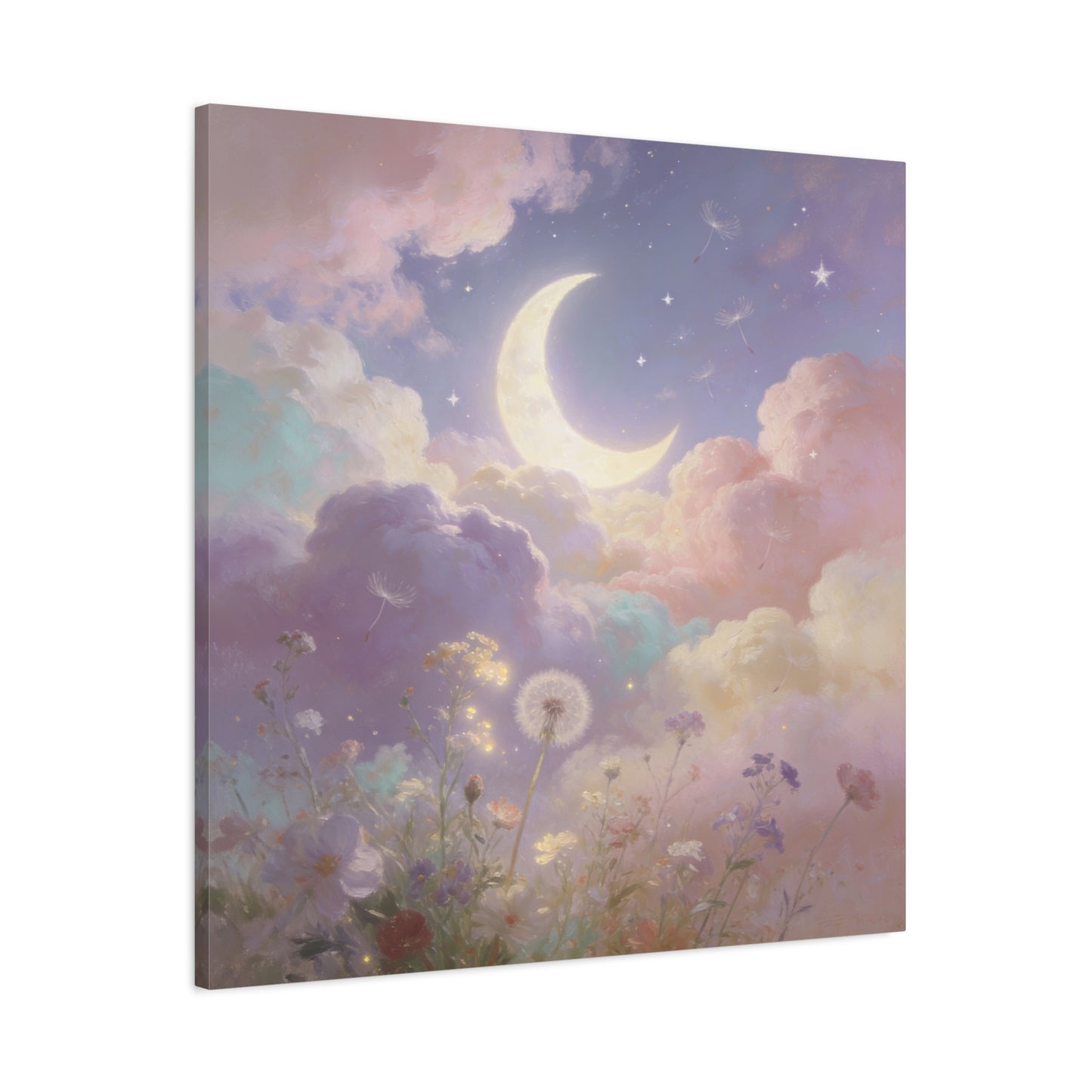 Crescent Moon Canvas Art Print - Dreamy Pastel Clouds, Dandelion Sky, Celestial Floral Scene - Cotton Matte Artwork - Lavender Nursery Accent, Bedroom Decoration, Meditation Space Decor