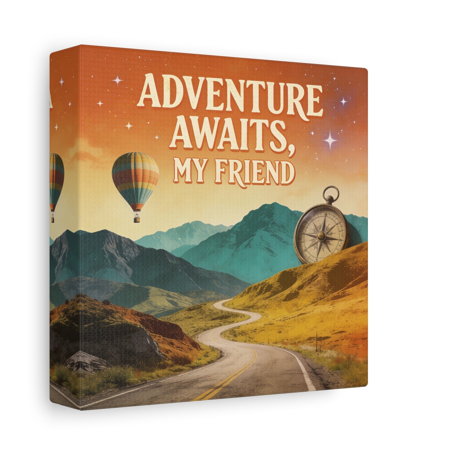 "Adventure Awaits, My Friend" Inspirational Canvas Art Print - Mountain Road, Hot Air Balloon, Compass - Vintage Travel Style, Office Decor, Workspace Accent, Lobby Display, Motivational Art