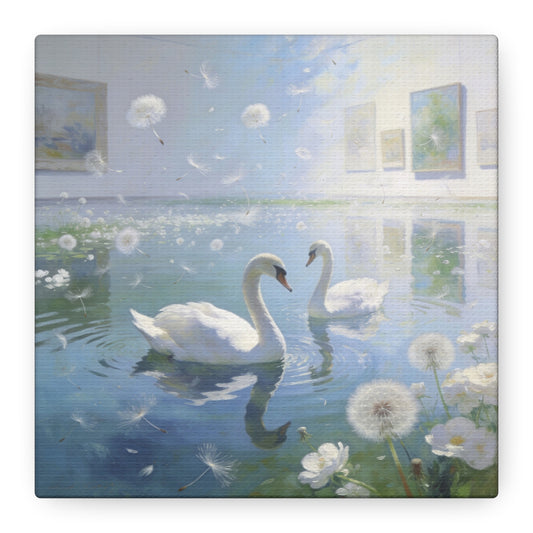 White Swan Canvas Wall Art - Serene Pond With Dandelion Seeds, Soft Blue Water Reflection - Dreamy Traditional Style - Living Room Wall Decor, Bedroom Home Decoration, Office Art - Ready to Hang
