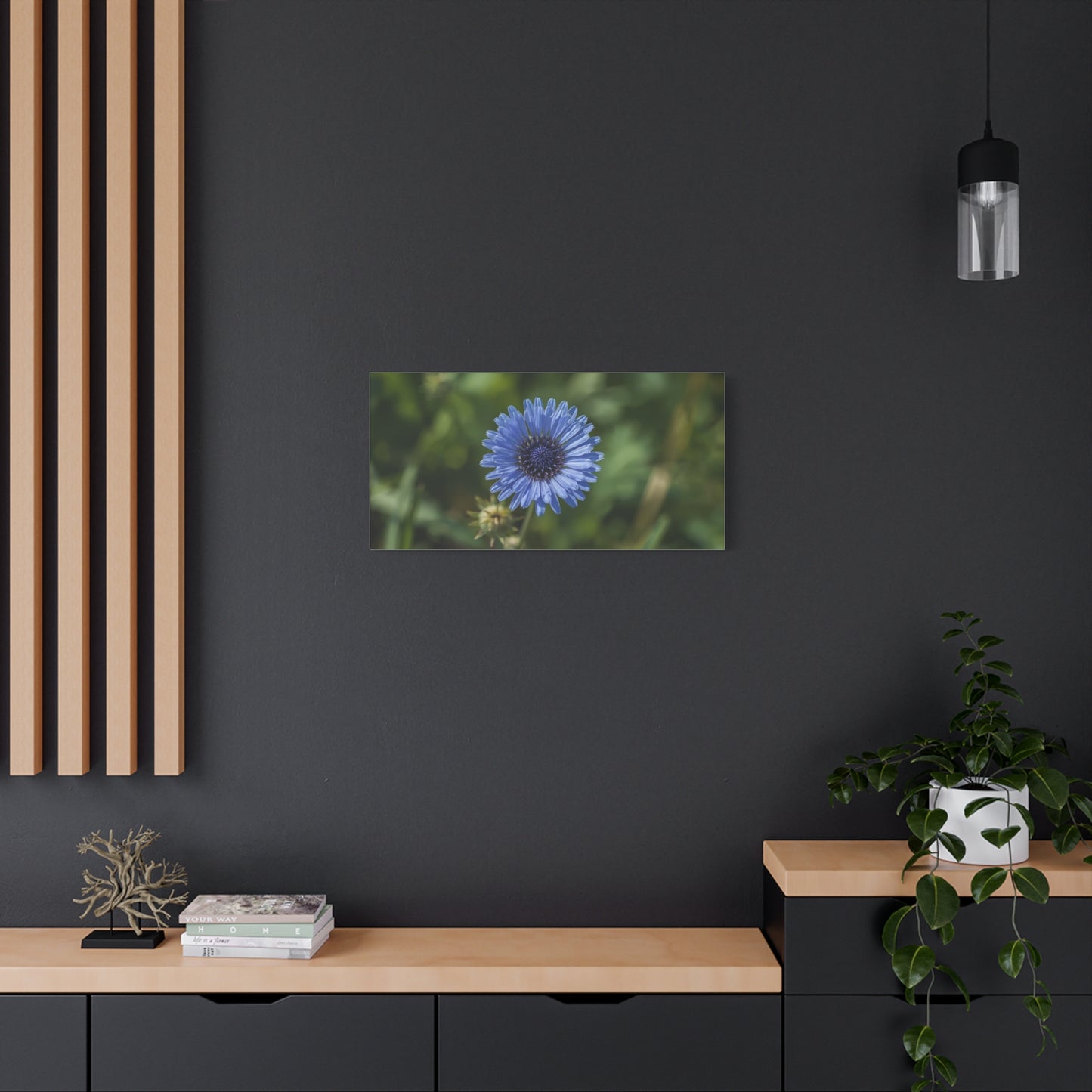 Blue Cornflower Canvas Wall Art - Botanical Flower Art Print, Green Bokeh Background - Matte Cotton Canvas - Contemporary Floral Style - Bedroom Wall Decor, Spa Accent - Modern Farmhouse Style