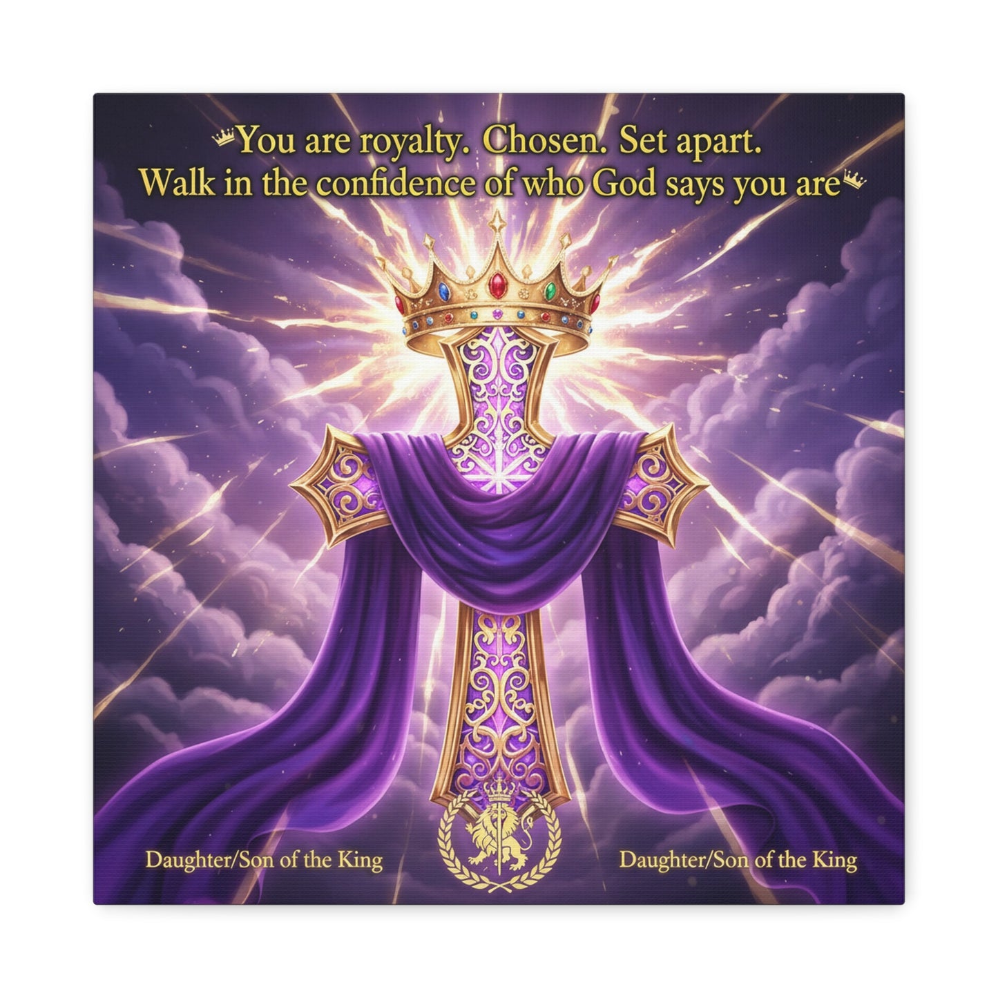 "You Are Royalty. Chosen. Set Apart." Christian Canvas Wall Art - Crowned Cross With Purple Draped Cloth, Daughter Son Of The King Quote - Religious Wall Decor For Bedroom, Office - Ready to Hang