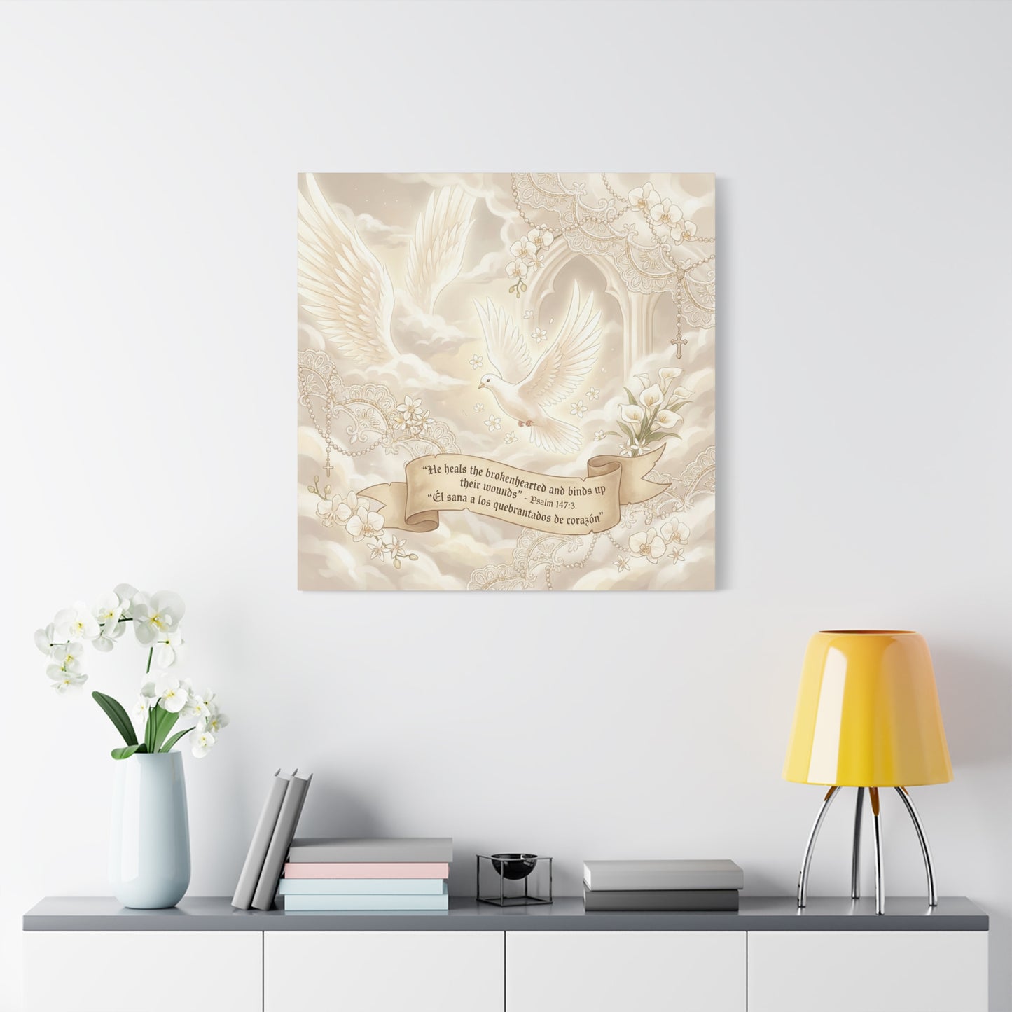 "He Heals The Brokenhearted And Binds Up Their Wounds" Canvas Wall Art - Dove, Cross, Psalm 147:3 Scripture Print - Beige Floral Christian Decor - Bedroom Living Room Home Decoration - Office Wall Art