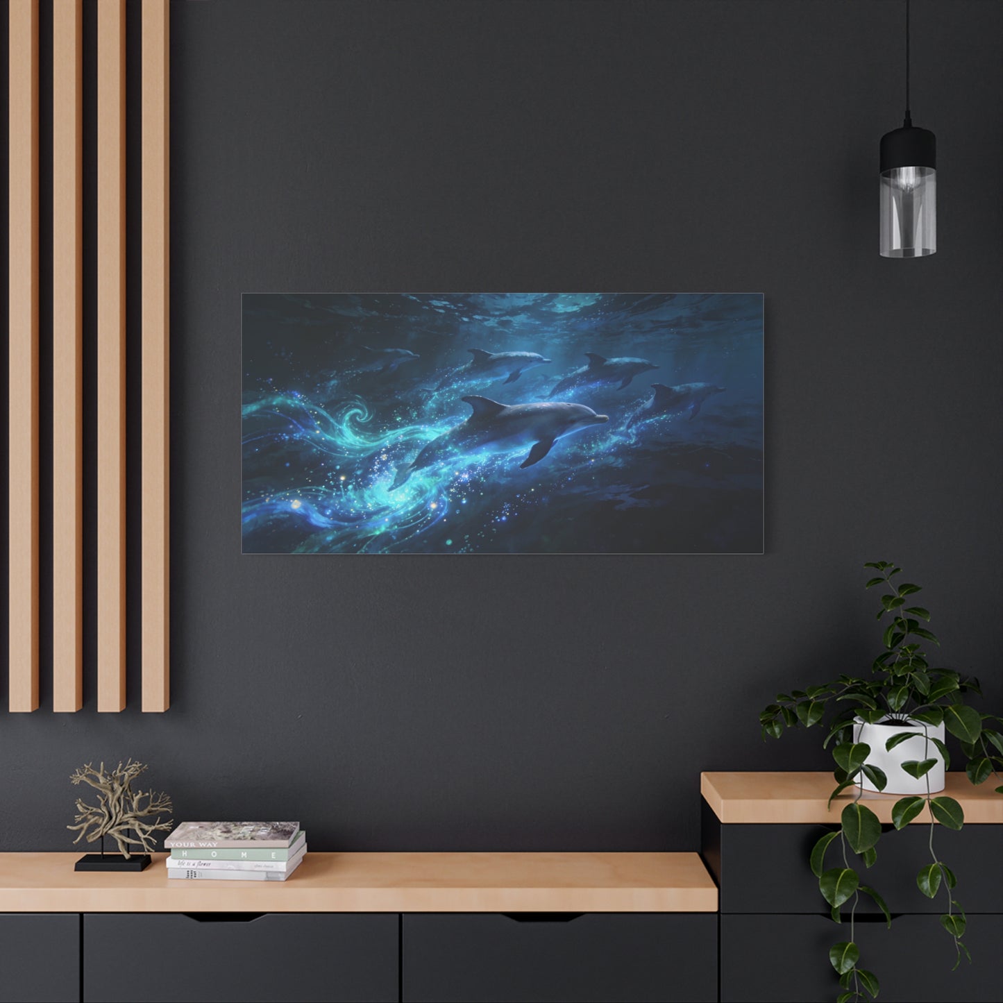 Dolphin Pod Canvas Wall Art - Glowing Underwater Ocean Scene, Blue Fantasy Marine Print - Matte Cotton Artwork - Coastal Style Living Room Wall Decor, Bedroom Home Decoration - Bedroom Home Decoration