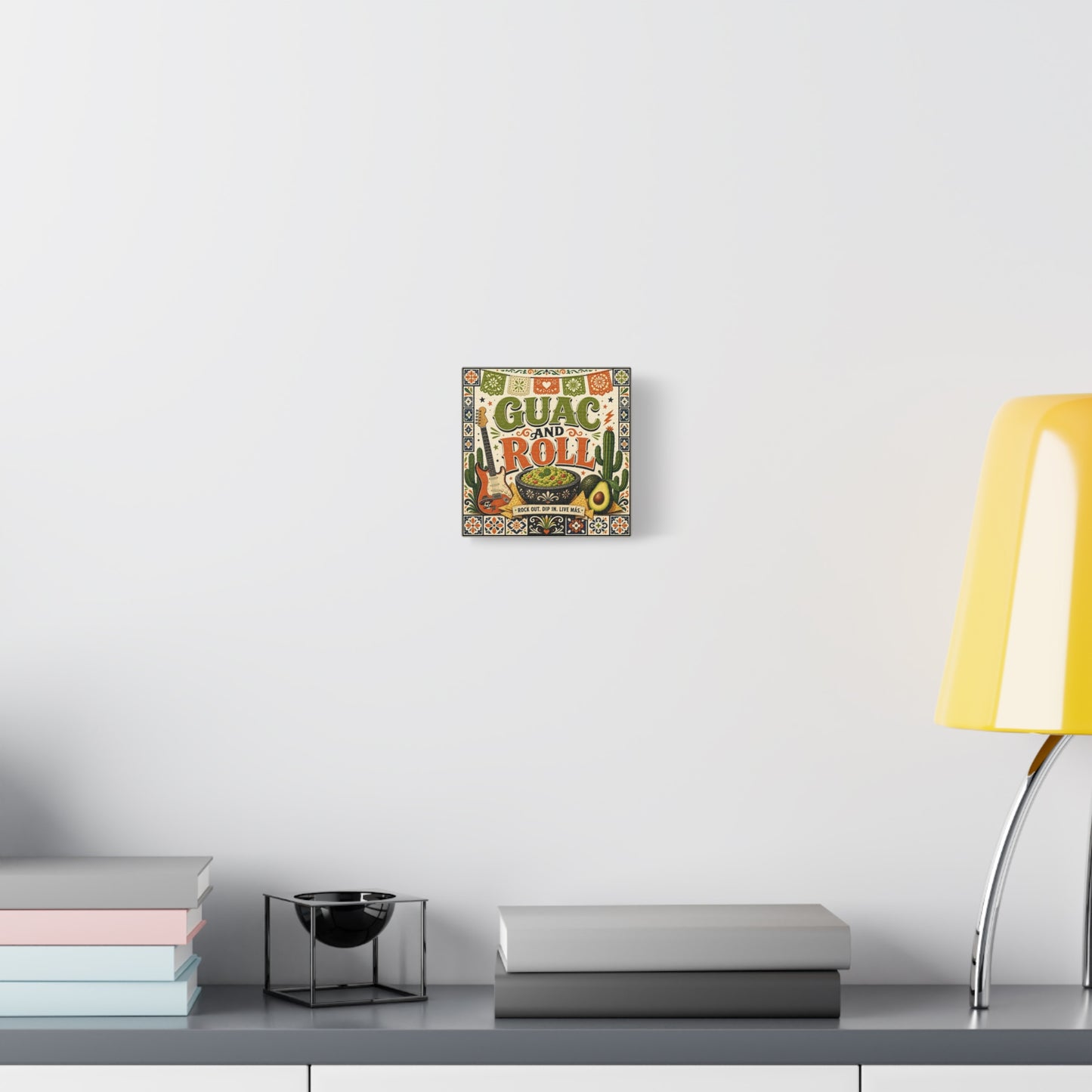 "Guac And Roll" Typography Canvas Wall Art - Fiesta Guitar, Cactus, Avocado Folk Illustration - Bohemian Rustic Style - Kitchen Wall Decor, Dining Room Accent, Cafe Wall Decor - Modern Farmhouse Style